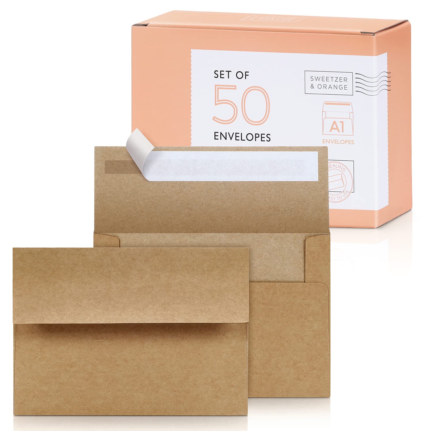 Premium 150gsm Kraft Envelopes 3.5x5 Inches - Self Seal Invitation & Greeting Card Envelopes (50 Pack with Storage Box) | RSVP, Wedding, Birthday, Business Mailing Envelopes for Cards, Letters & Special Occasions