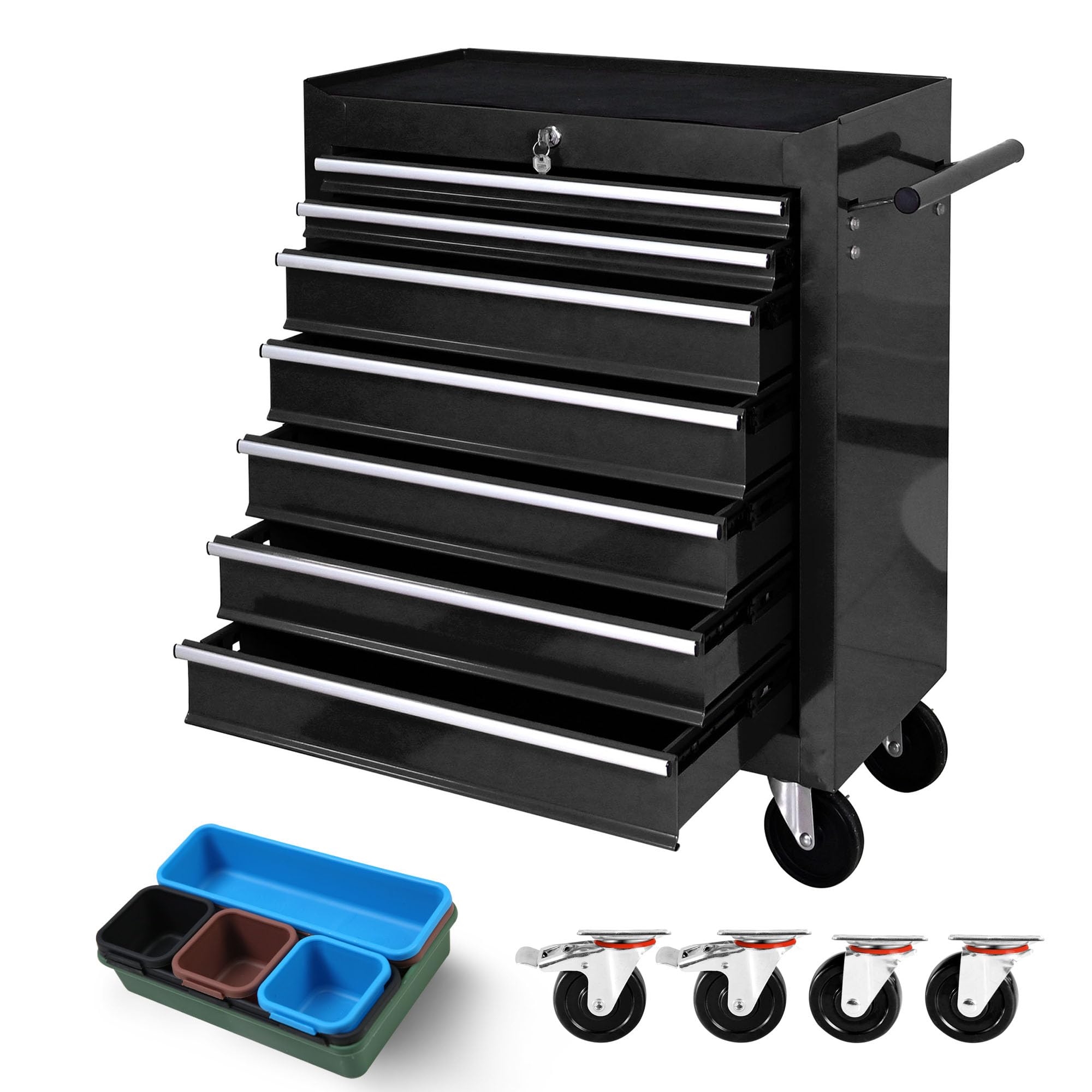 7-Drawer Rolling Tool Chest with Wheels - Heavy Duty Portable Tool Box Organizer for Garage, Workshop & Home DIY Projects | Black Tool Storage Solution for Mechanics, Carpenters & Craft Enthusiasts