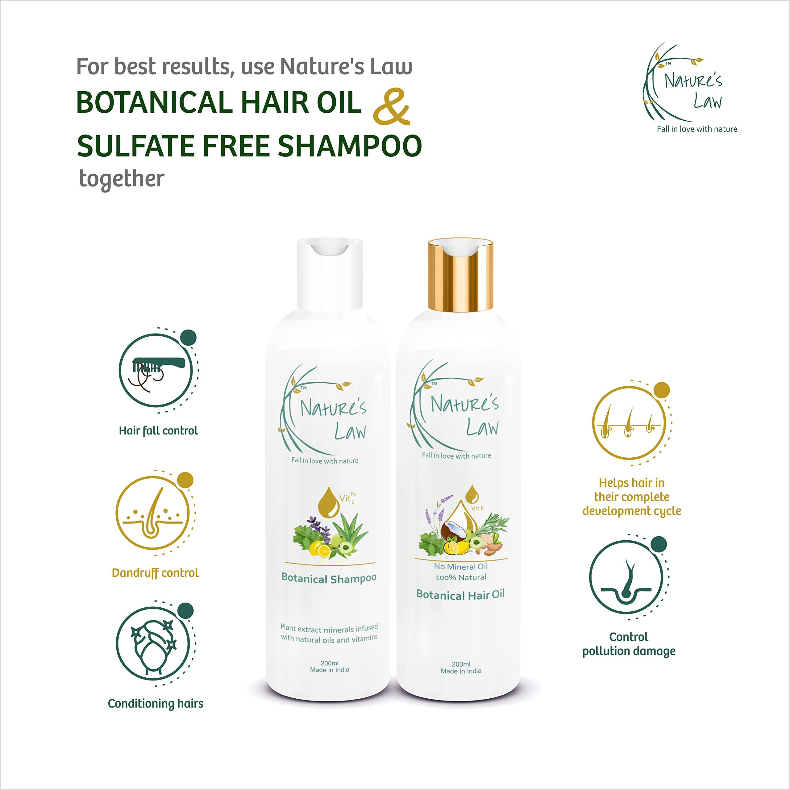 Nature's Law 100% Natural Botanical Hair Growth Oil - Dandruff & Hair Fall Control, Mineral & Silicon Free for All Hair Types (Men & Women, 200ml) - Promotes Thicker, Healthier Hair for Daily Care & Scalp Treatment