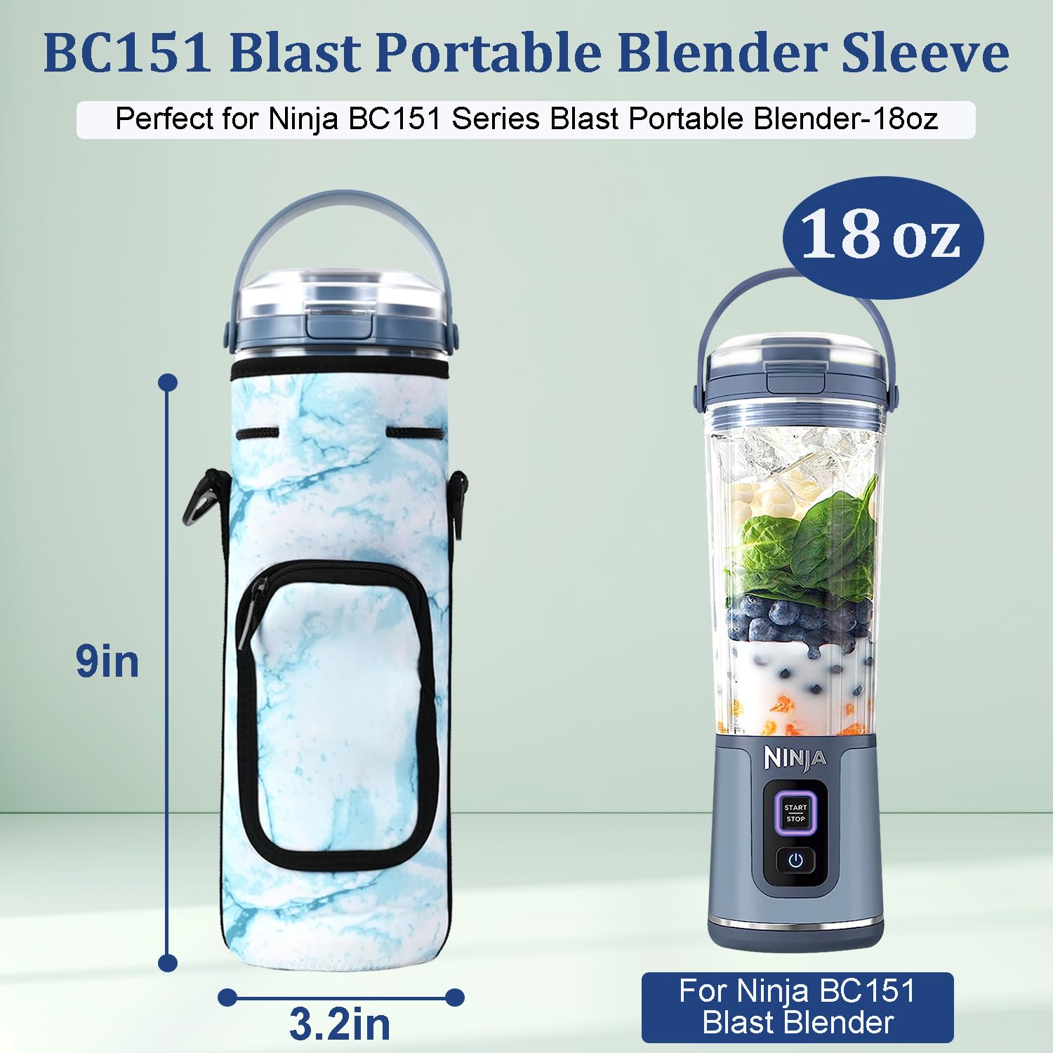 Premium Storage Sleeve Bag for Ninja Blast Portable Blender - Shoulder Strap & Accessory Pocket - Compatible with Ninja BC151NV/BC51NV/BC151BK/BC151CR/BC151EM/BC151PR/BC151WH - Perfect for Travel, Gym & Outdoor Blending (Blue)