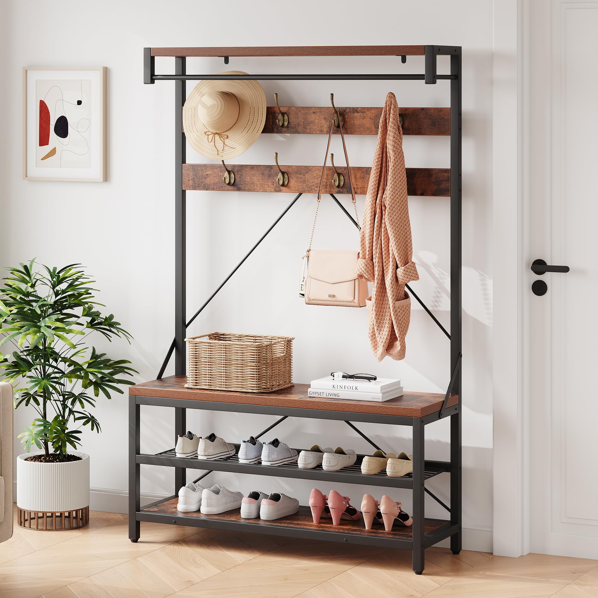 IDEALHOUSE 5-in-1 Entryway Hall Tree with Coat Rack, Shoe Storage Bench & Hanging Hooks - Rustic Brown Wood Look Storage Organizer for Entry, Mudroom, or Bedroom (39.9