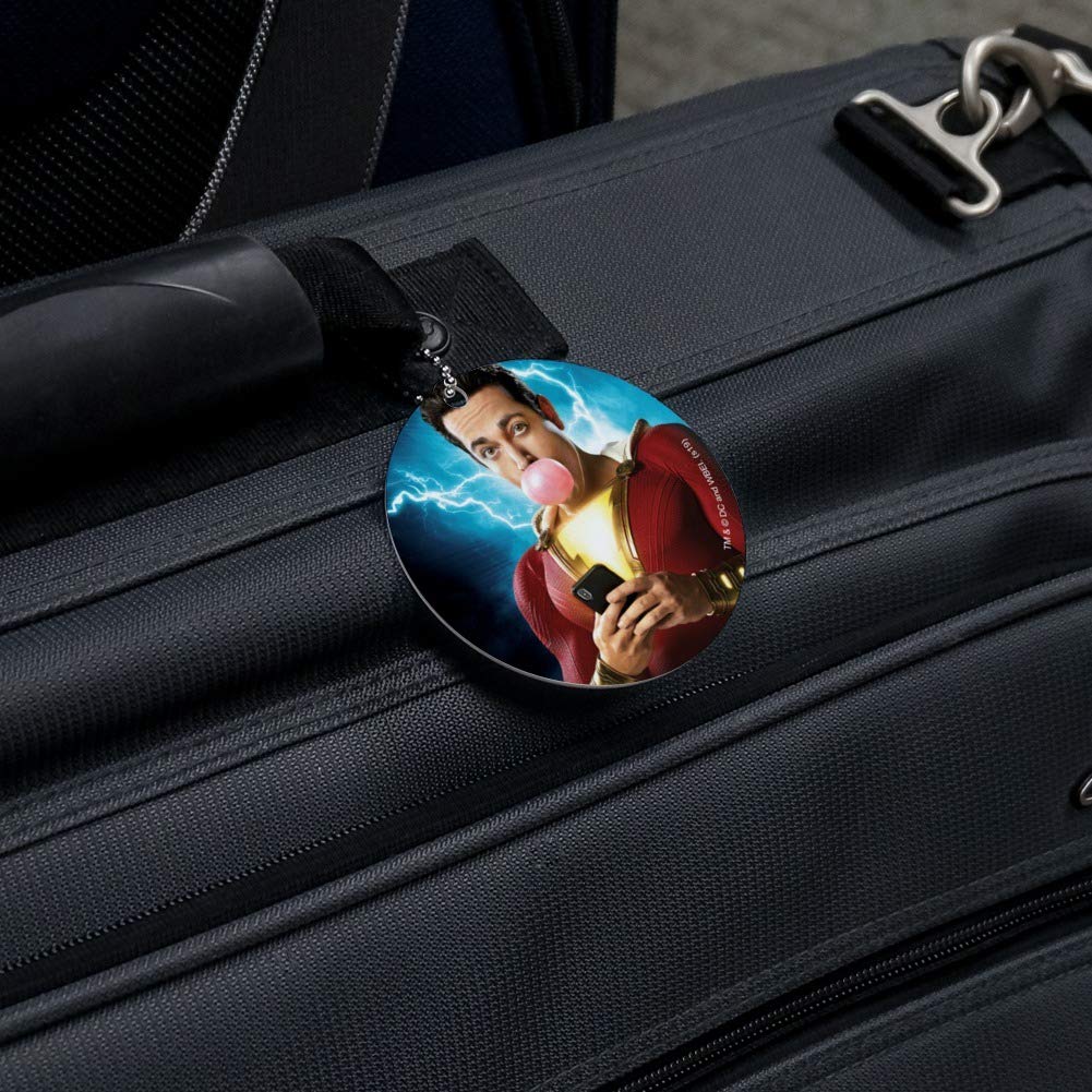 Shazam! Movie Themed Bubblegum Round Luggage ID Tag - Durable Suitcase Handle Tag for Carry-On Bags - Perfect for Travel, Cosplay & Superhero Fans