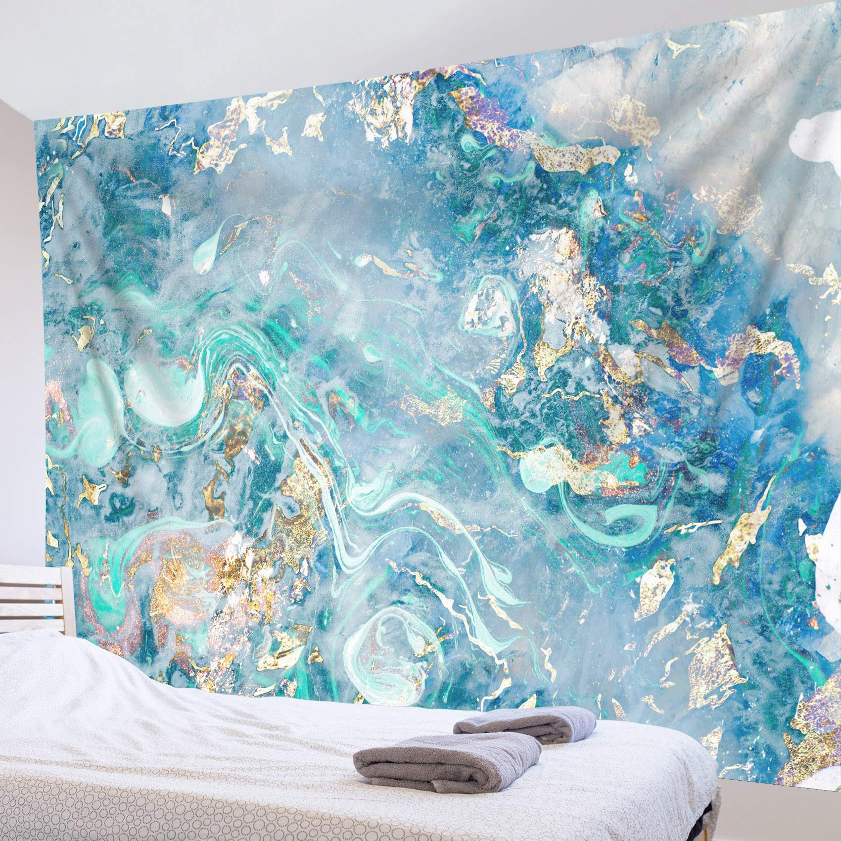 HVEST Modern Marble Abstract Tapestry - Blue Gold Gouache Ocean Art, Natural Swirl Design, 80x60 Inches Wall Hanging for Living Room, Bedroom, Teen Dorm, Indie Decor, Perfect for Home, Office, and Event Spaces