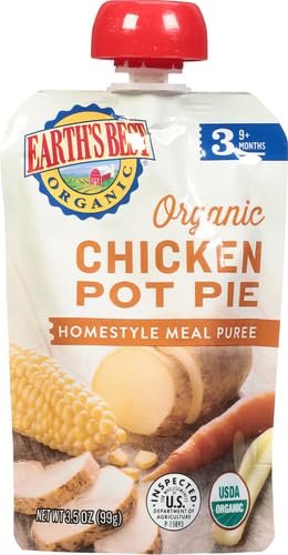 Earth's Best Organic Stage 3 Baby Food Pouches - Homestyle Chicken Pot Pie Puree for Toddlers 2+ Years | 3.5oz Resealable Pouch | USDA Certified Organic | Perfect for On-the-Go Meals & Snacks