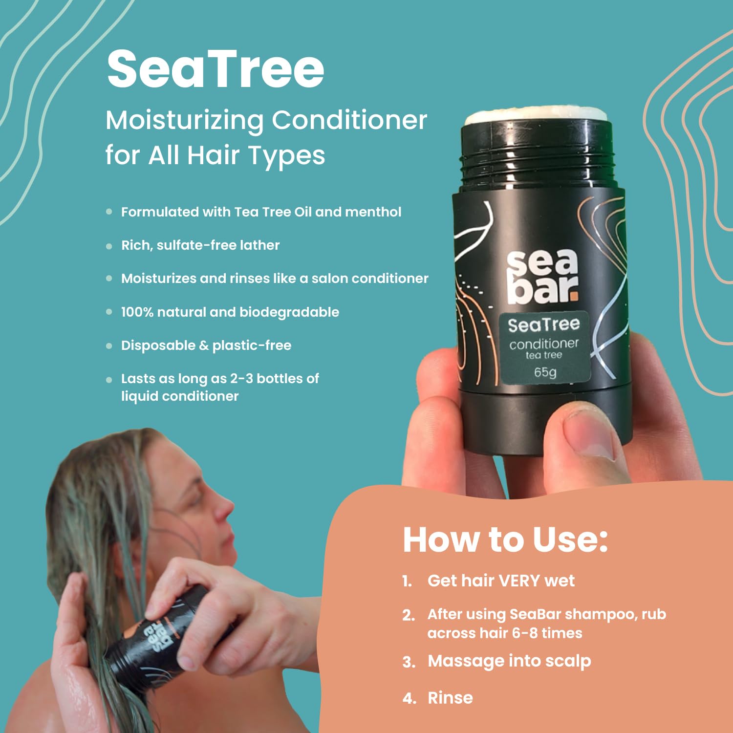 All Natural Vegan Conditioner Bar - Sulfate-Free, Eco-Friendly Hair Shampoo with SeaTree Oil | Zero Waste Reusable Packaging for Sustainable Hair Care | Perfect for Travel, Camping & Daily Use