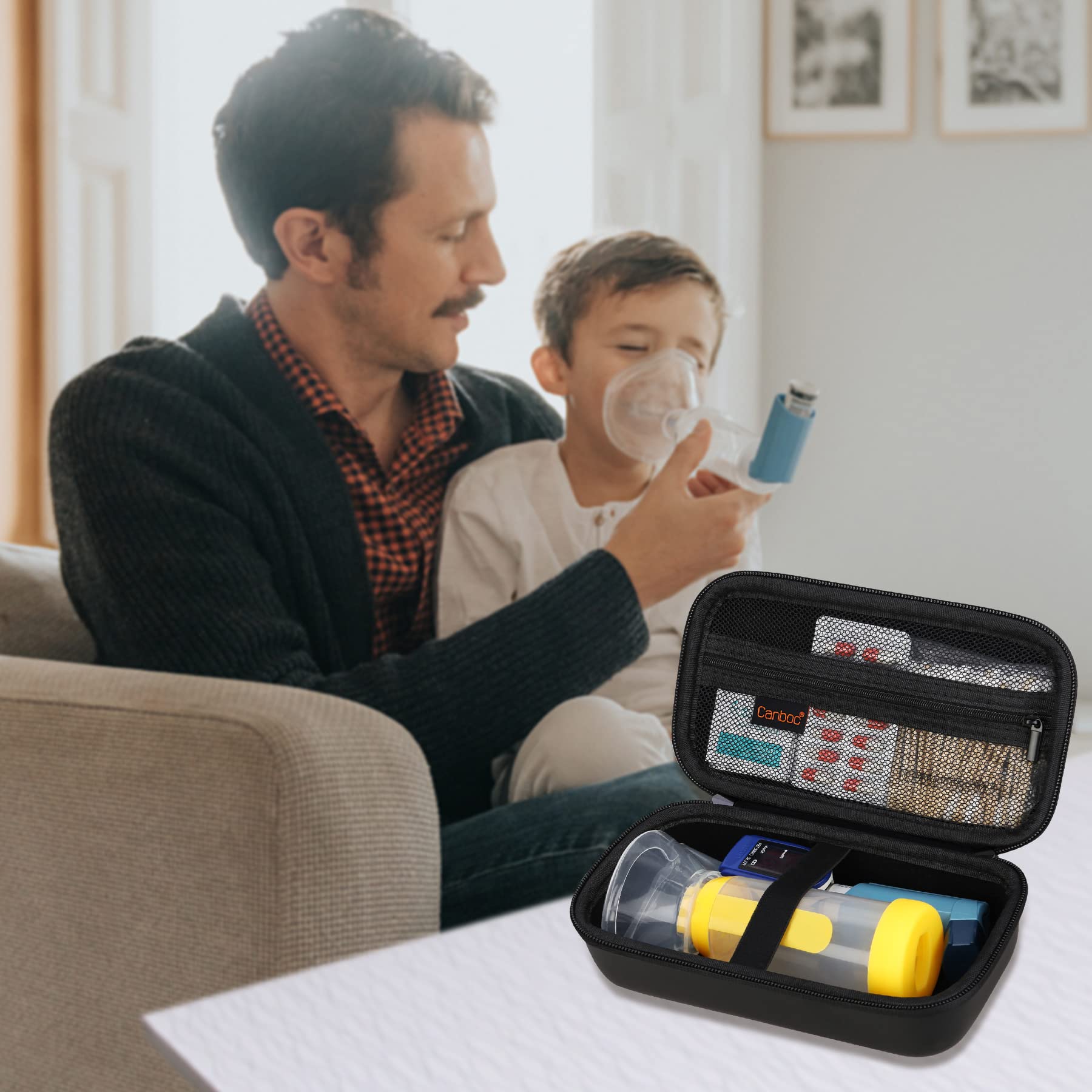 Canboc Portable Asthma Inhaler Travel Case with Handheld Spacer - Hard Protective Storage for Adults & Kids, Includes Mesh Pocket for Medicine & Essentials (Black) - Perfect for Travel, School & Daily Use