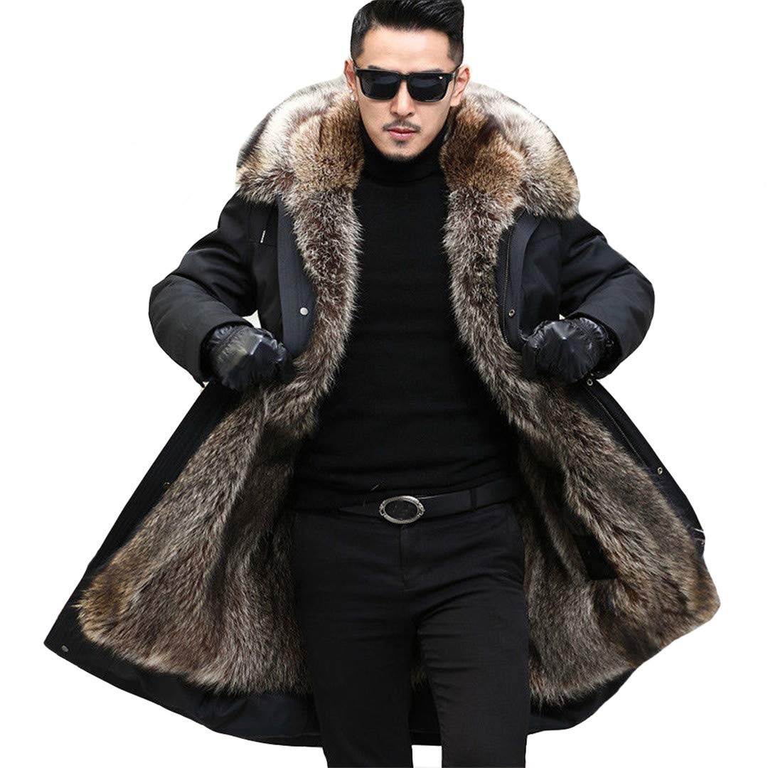 Men's Winter Long Coat with Big Faux Fur Collar - Thick Raccoon Style Parka Jacket for Extreme Cold Weather | Warm Russian Style Outerwear for Snow, Ice Fishing & Arctic Adventures