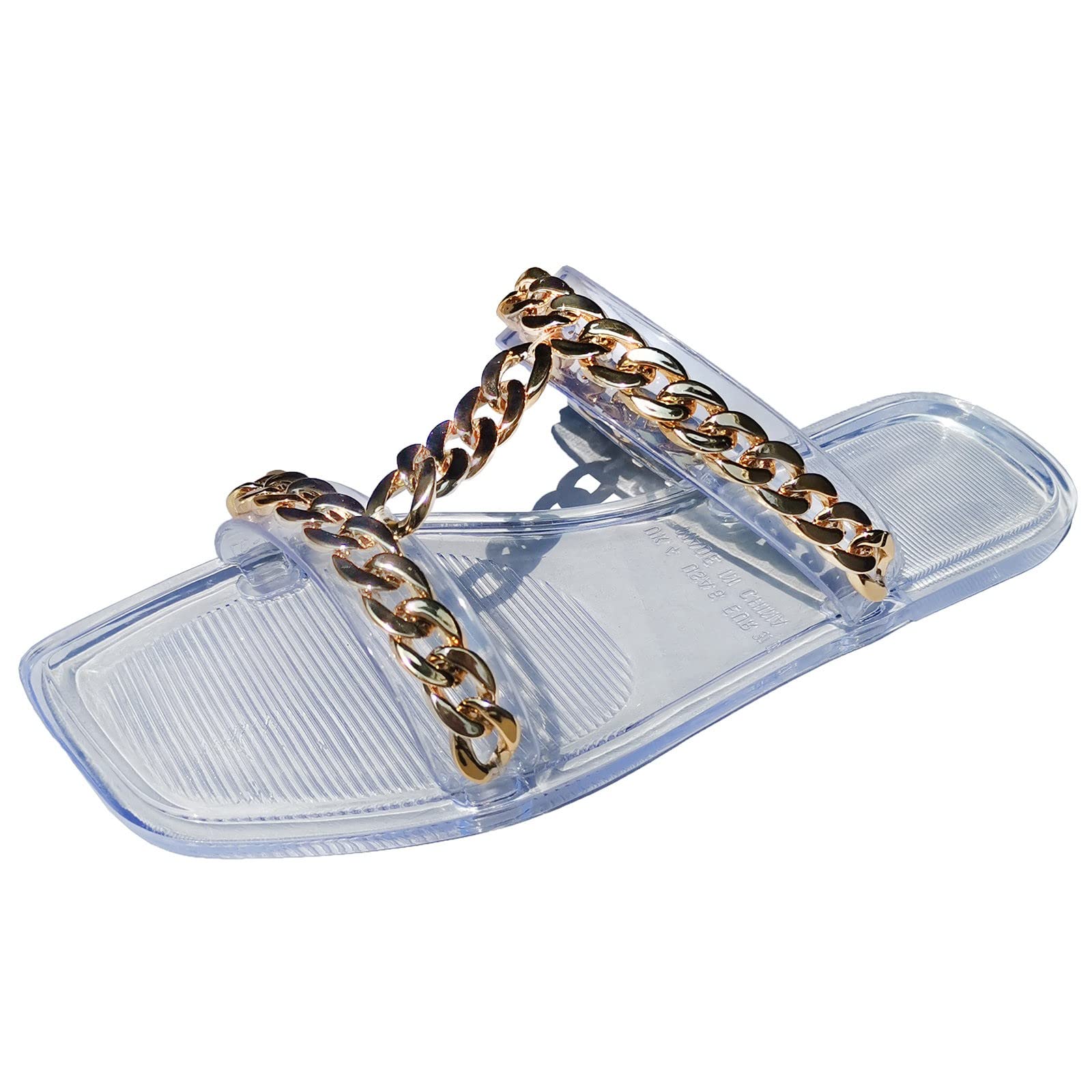 Women's Summer Slippers with Metal Chain Detail - Wide Width Square Toe Comfort Slides for Diabetic Feet | Perfect for Home, Beach & Relaxation