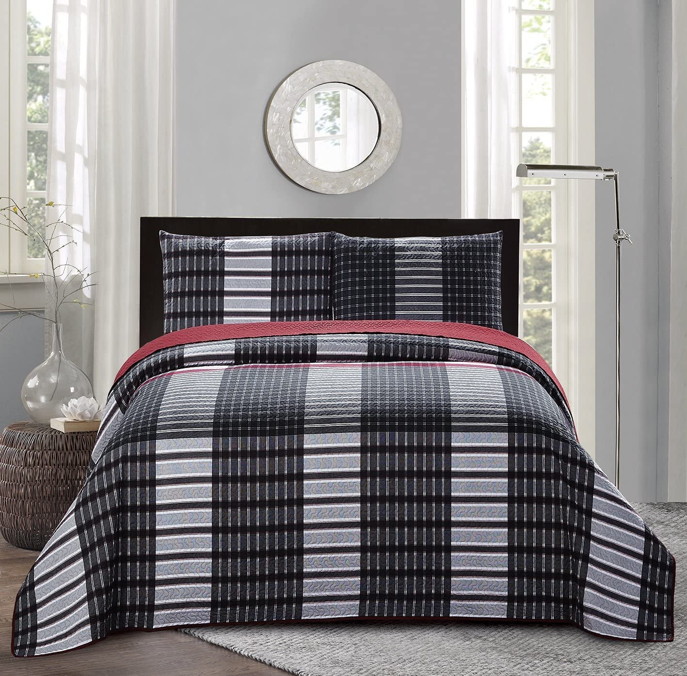 All American Collection 3-Piece Plaid Printed Reversible Bedspread & Quilt Set - Full/Queen Size - Cozy Farmhouse Bedding for Master Bedroom, Guest Room & Dorm