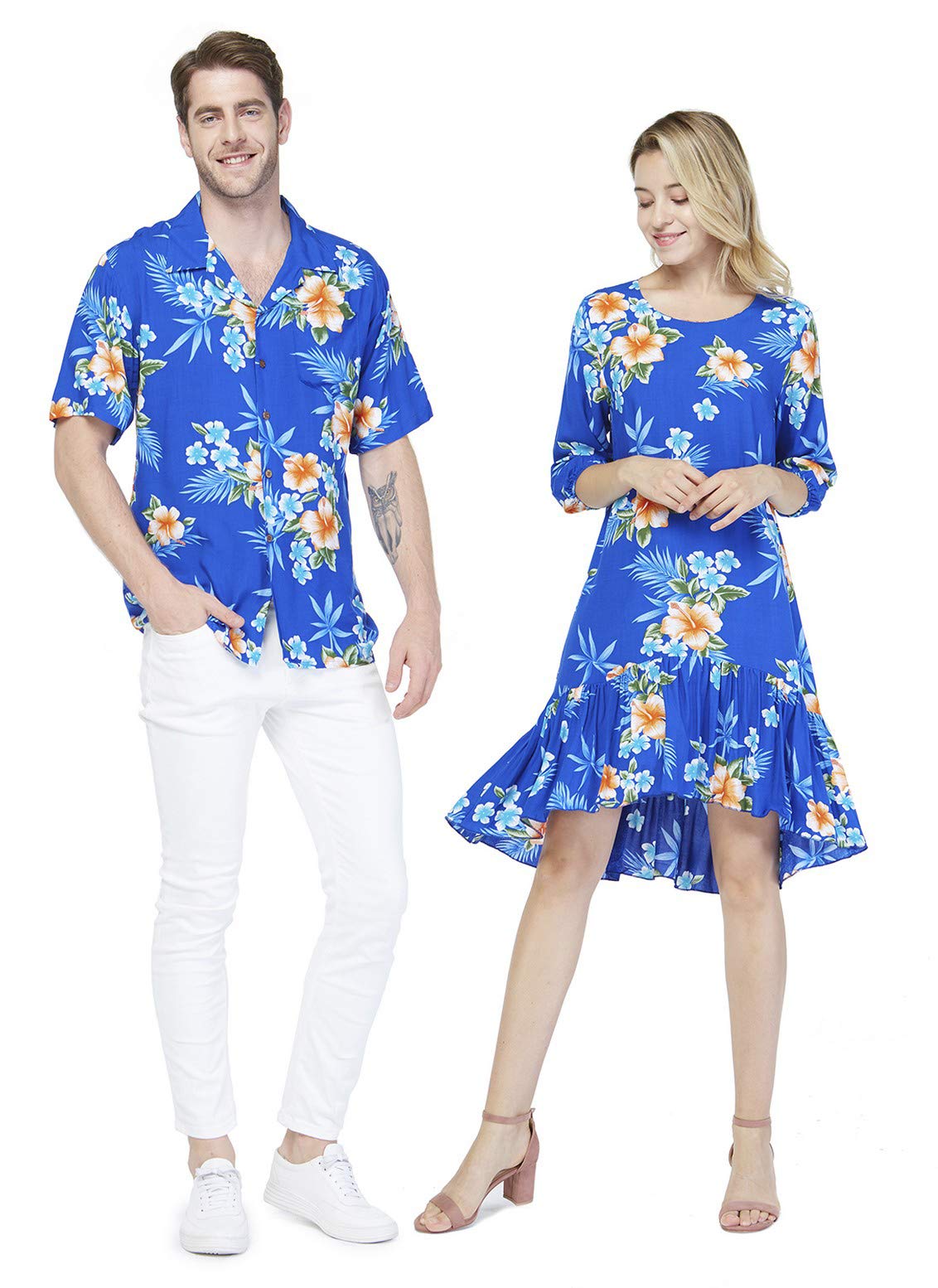 Hawaiian Couple Matching Luau Shirts & 3/4 Sleeve Ruffle Dress Set - Tropical Hibiscus Blue Floral Print for Beach Party, Vacation, and Summer Date Night Outfits