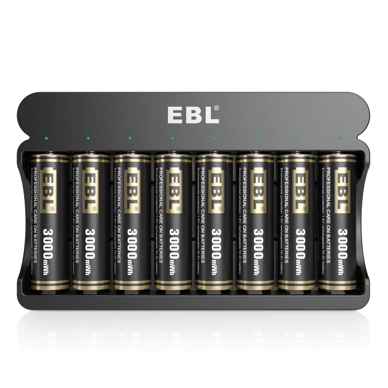 EBL 8-Pack 3000mWh Ni-Zn Rechargeable AA Batteries with 8-Bay Charger - 1.6V High Performance Double A Batteries for Cameras, Flashlights & Electronics | Long-Lasting Power Solution