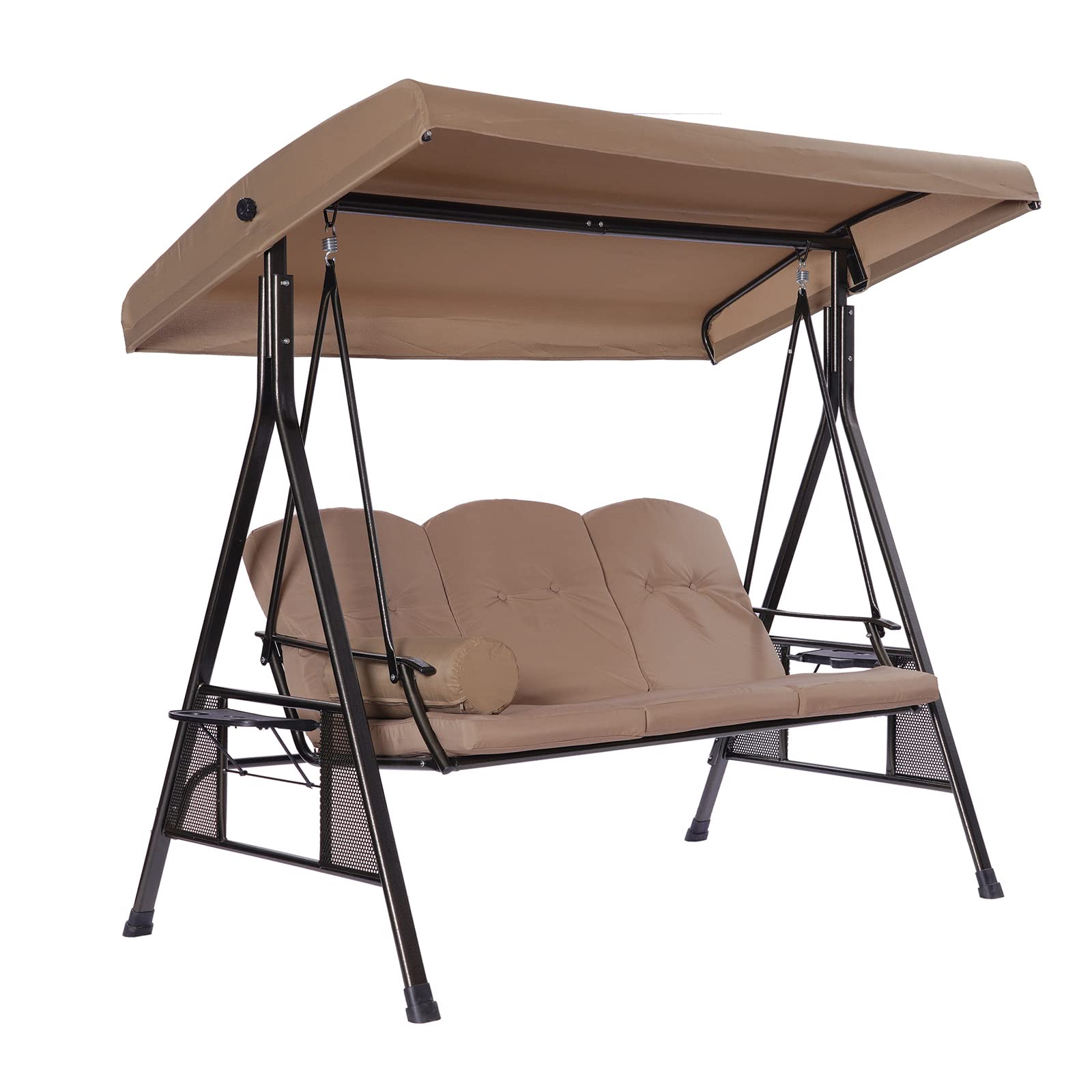 MengK 3-Person Outdoor Porch Swing Chair with Cup Holders, Adjustable Canopy & Cushion Set - Perfect for Patio, Garden, Backyard Relaxation and Family Bonding Time