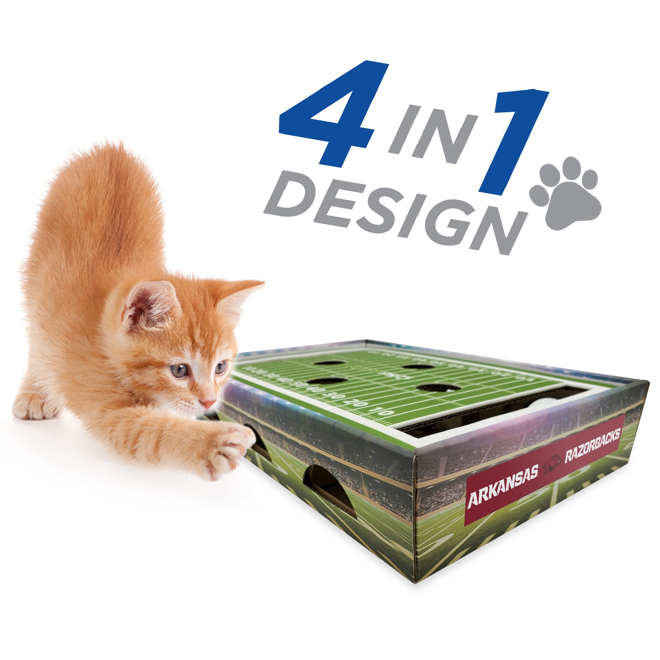 NCAA Arkansas Razorbacks Cat Scratcher Box - Football Field Design Cat Toy & Lounge for Game Day | Durable Cardboard Scratcher with Catnip for Indoor Cats | Perfect for Razorbacks Fans & Game Day Entertainment