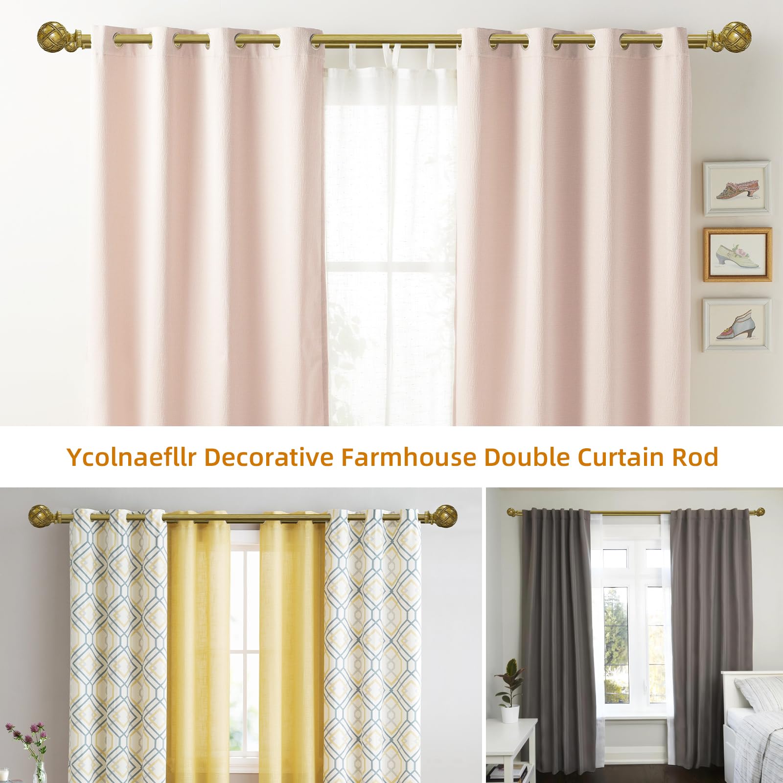 Ycolnaefllr 1 Inch Double Curtain Rod Set - Adjustable 66 to 120 Inches for Windows, Heavy Duty Drapery Rod with Resin Finials & Holdbacks (Burlywood) - Perfect for Living Room, Bedroom & Home Decor