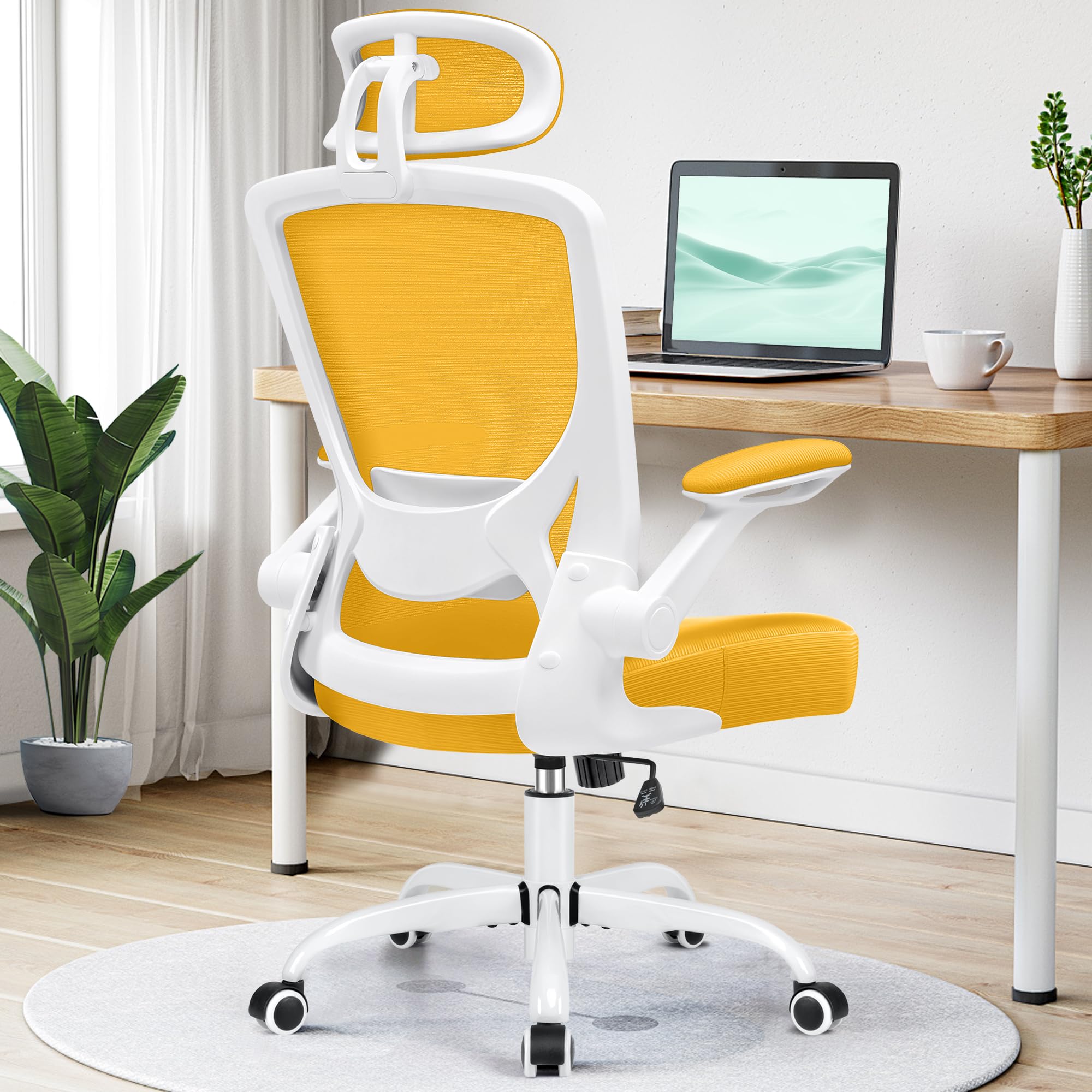 KERDOM Ergonomic Office Chair - Breathable Mesh Desk Chair with Lumbar Support, Adjustable Headrest & Flip-Up Arms - Swivel Task Chair & Height-Adjustable Gaming Chair in Yellow - Perfect for Home Office, Gaming Setup & Workspaces