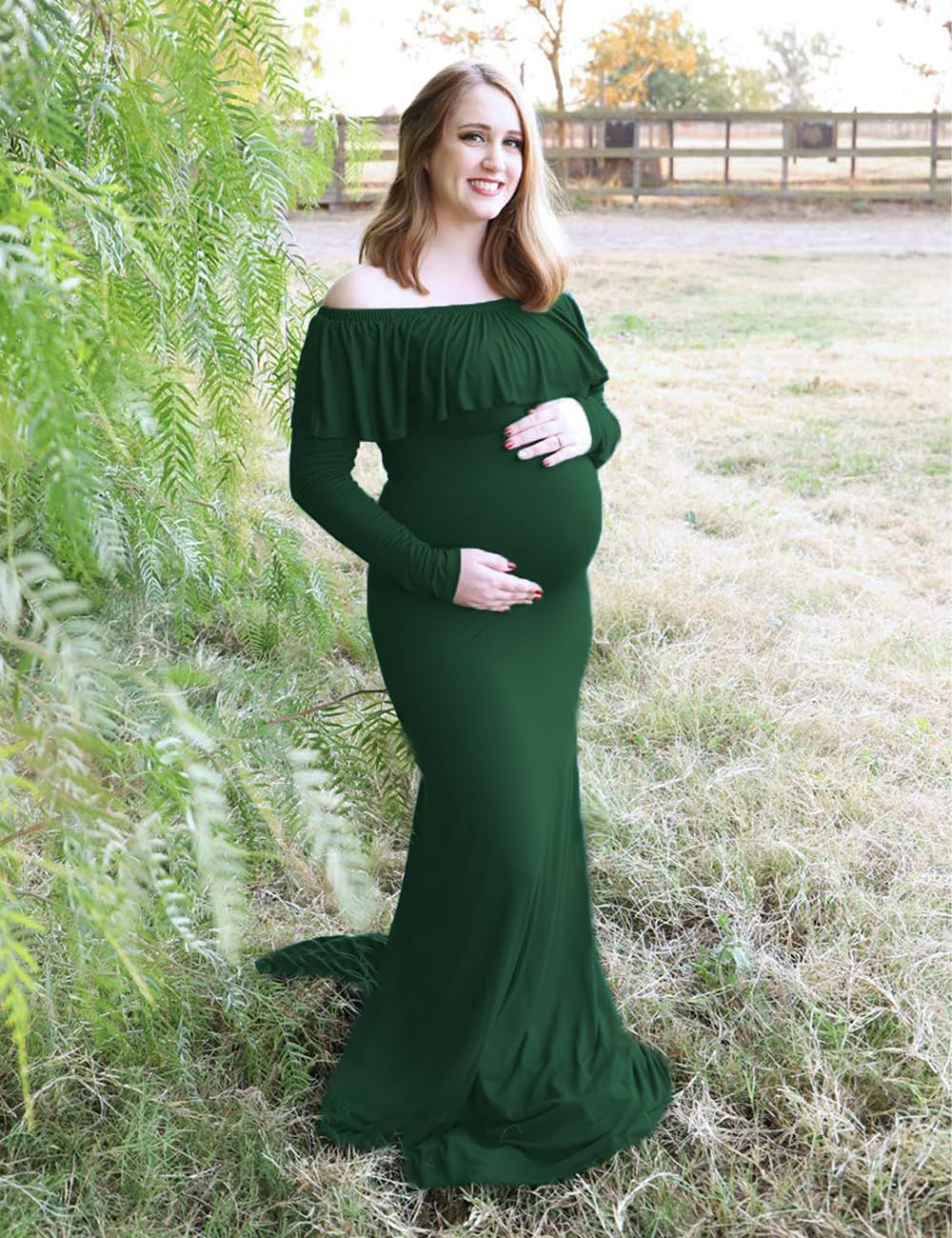 Elegant Maternity Gown - Off Shoulder Long Sleeve Ruffled Maxi Dress for Pregnancy Photoshoot | Slim Fitted Photo Shoot Dress for Baby Shower, Maternity Portraits & Special Occasions