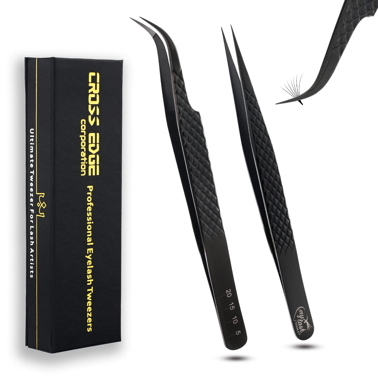 Premium Eyelash Extension Tweezers Set of 2 - Japanese Steel Microgrip & Isolation Tweezers for Professional Lash Artists | Curved Volume Tweezers for Salon & Home Use | Durable Black Lash Tools