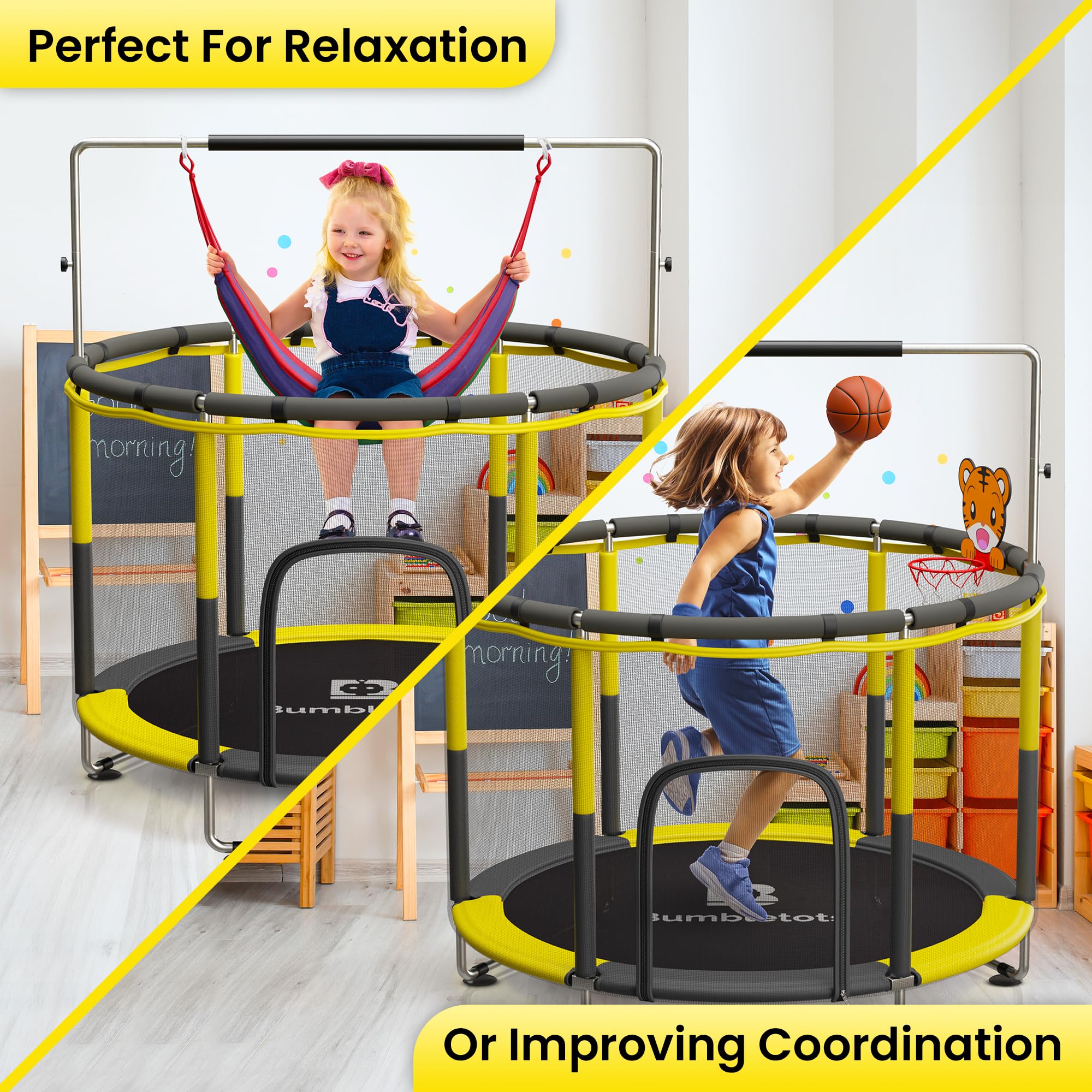 Best 5ft Toddler Trampoline for Kids Ages 3-8 - Indoor/Outdoor Jumping Toy with Safety Net, Basketball Hoop & Accessories - Perfect for Backyard, Playroom & Garden Fun