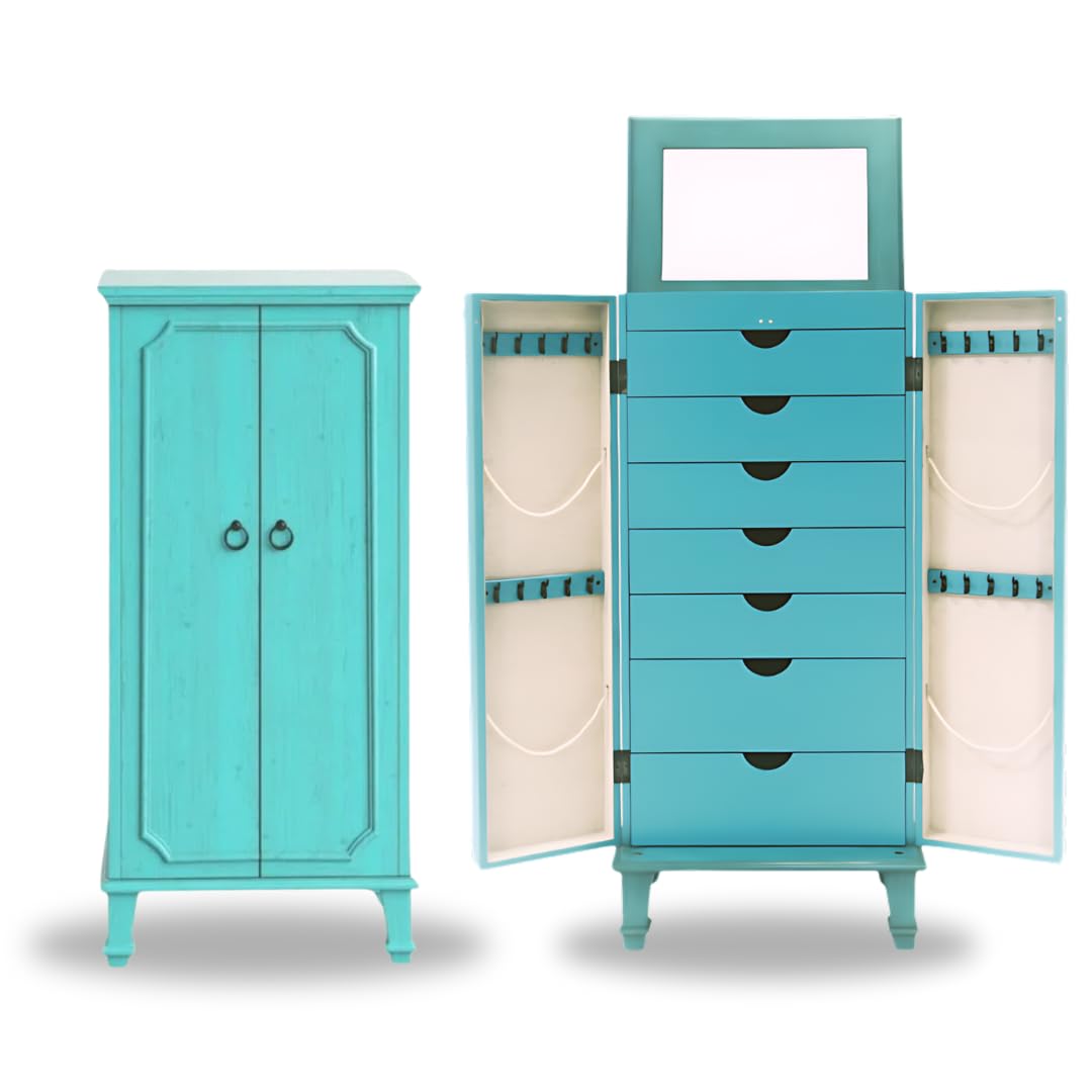 Carson Fully Locking Jewelry Armoire with Mirror - Large Turquoise Jewelry Storage Organizer for Necklaces, Rings & Earrings | Perfect for Bedroom, Closet & Travel