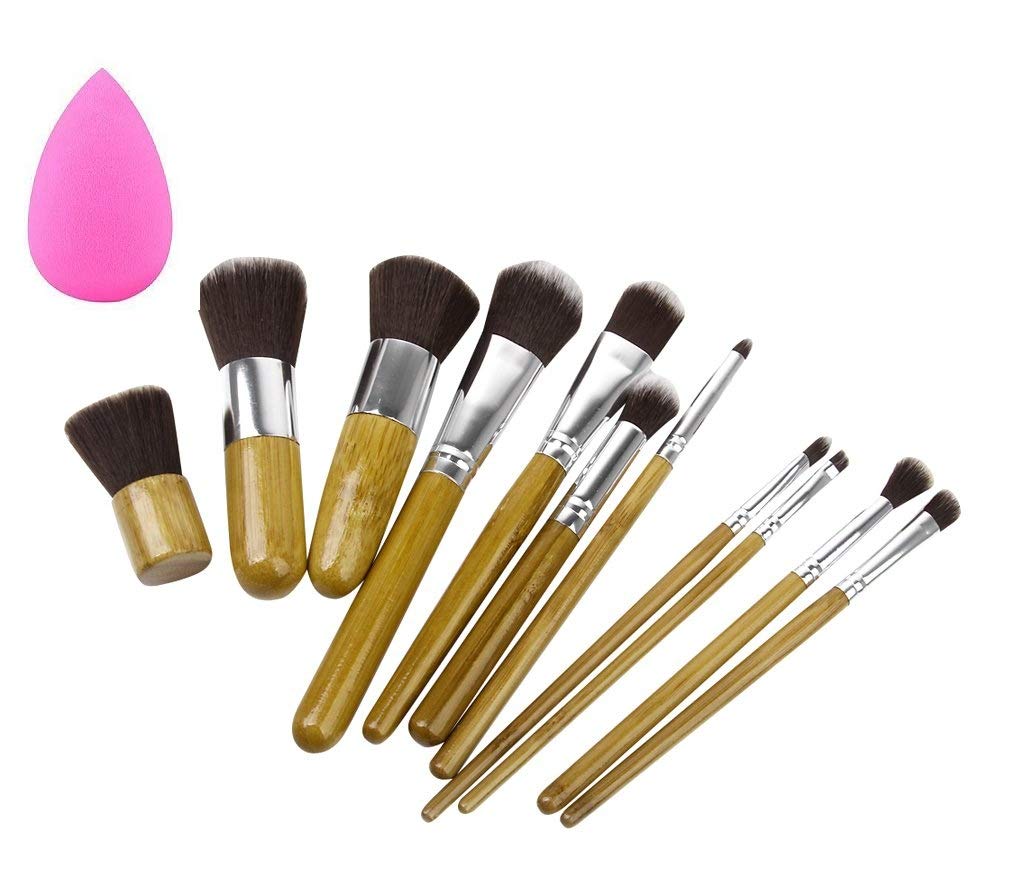 Angelie Professional 11-Piece Wooden Makeup Brush Set with Blender Sponge - Perfect for Foundation, Contouring & Eyeshadow Application