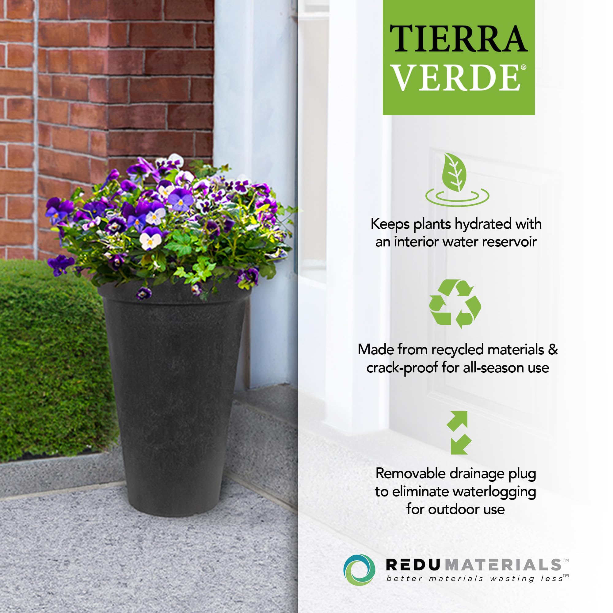 TierraVerde 2 Pack Aria Round Planter - Indoor/Outdoor Self Watering Flower Pots, 15 Inch Wide x 26 Inch Tall, Black - Perfect for Home Decor, Garden, Patio & Office Plants