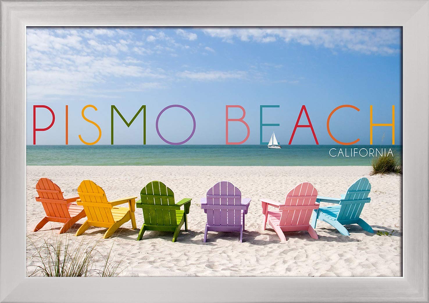 Pismo Beach California Colorful Beach Chairs - 12x18 Giclee Fine Art Print with Recycled Wood Frame & Silver Finish | Coastal Home Decor, Living Room Wall Art, Beach House Accent