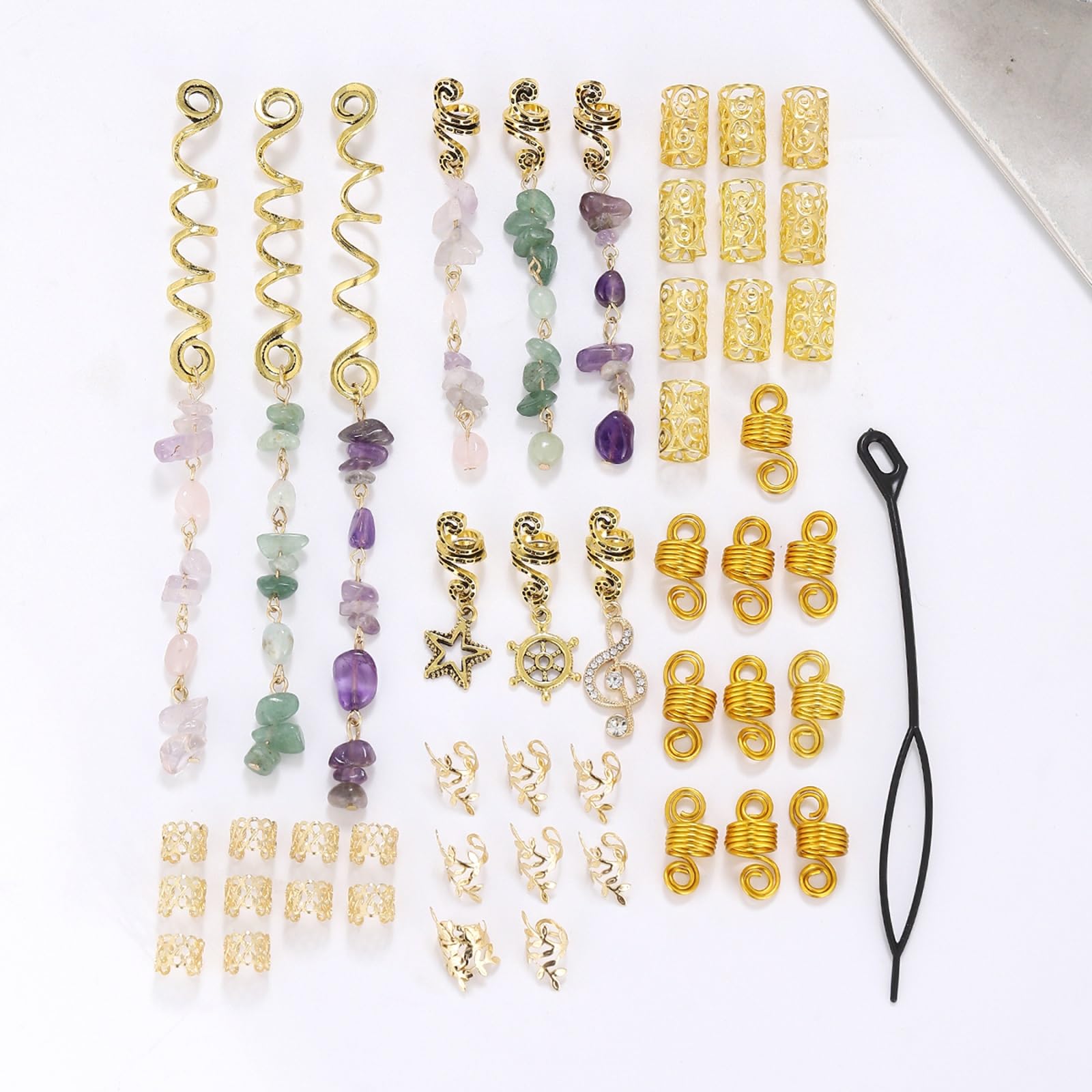 50 Pcs Women's Hair Accessories Set - Gold Metal Charms, Stone Beads & Clips for Braids, Dreadlocks & Hairstyle Decoration | Perfect for Parties, Weddings & Everyday Fashion Accessories