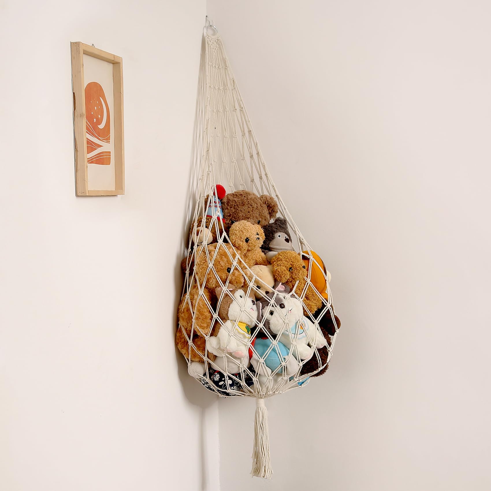 Macrame Toy Hammock - Stuffed Animal Storage Organizer, Hanging Net for Plush Toys, Boho Nursery & Kids Bedroom Decor (Cream) - Perfect for Playroom Organization & Stuffy Display
