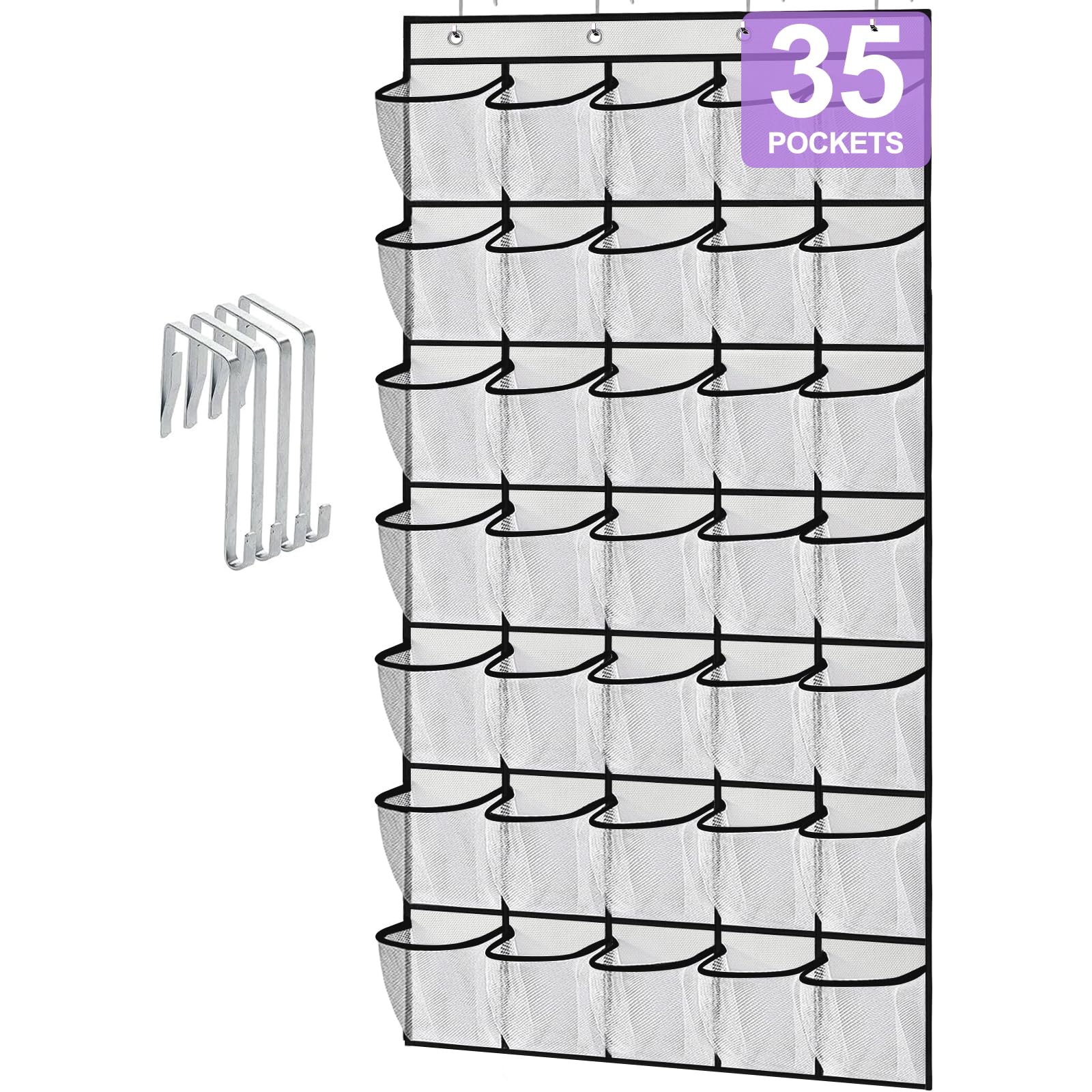 35-Pocket Over The Door Shoe Organizer - Heavy Duty Oxford Fabric Hanging Shoe Rack for Closet & Wall Storage - Mesh Shoe Holder for Men & Women (White) - Perfect for Small Spaces, Dorm Rooms & Apartment Organization