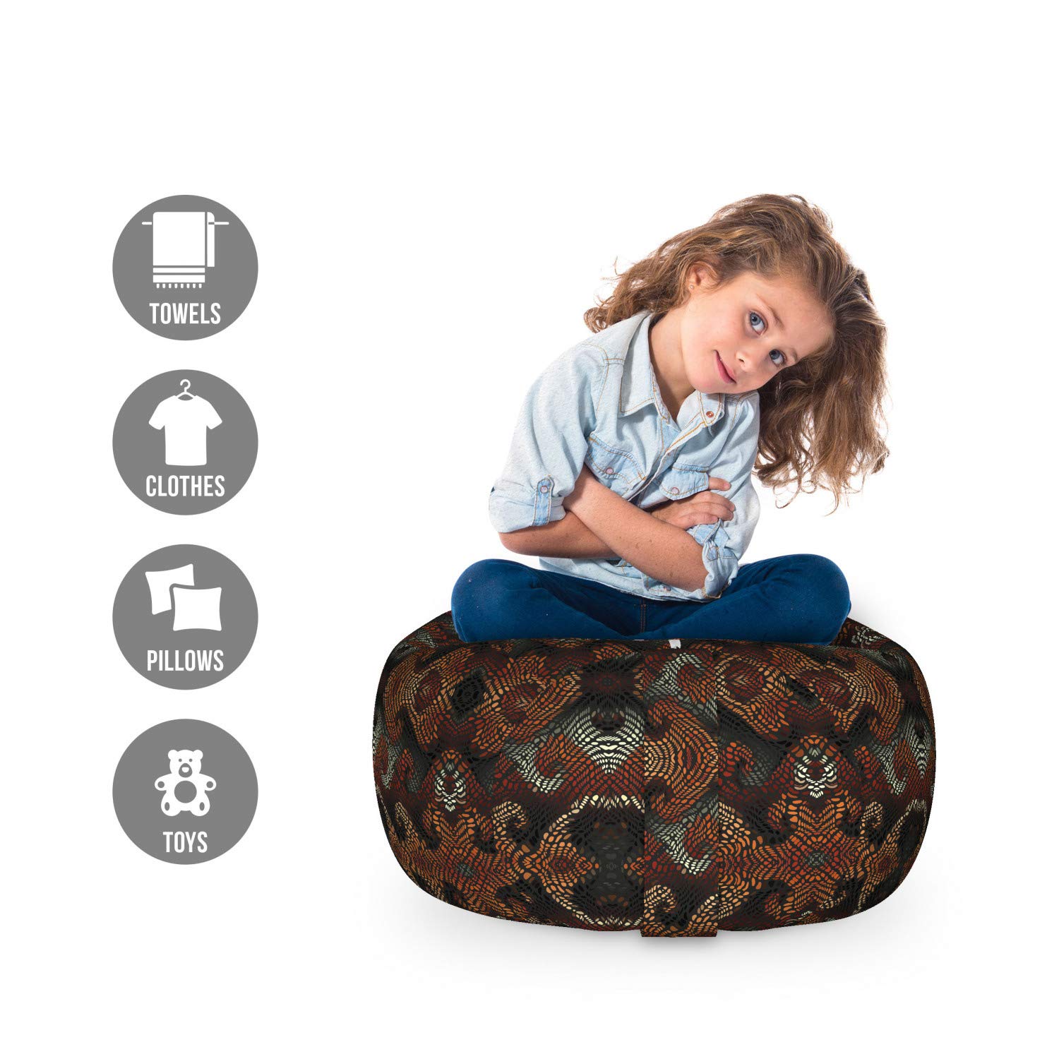 Ambesonne Abstract Storage Toy Bag Chair - Dark Tone Curving Strikes & Blots Pattern - Washable Stuffed Animal Organizer for Kids Bedroom - Small Size Grey Redbrown - Perfect for Playroom Storage & Reading Nook Seating