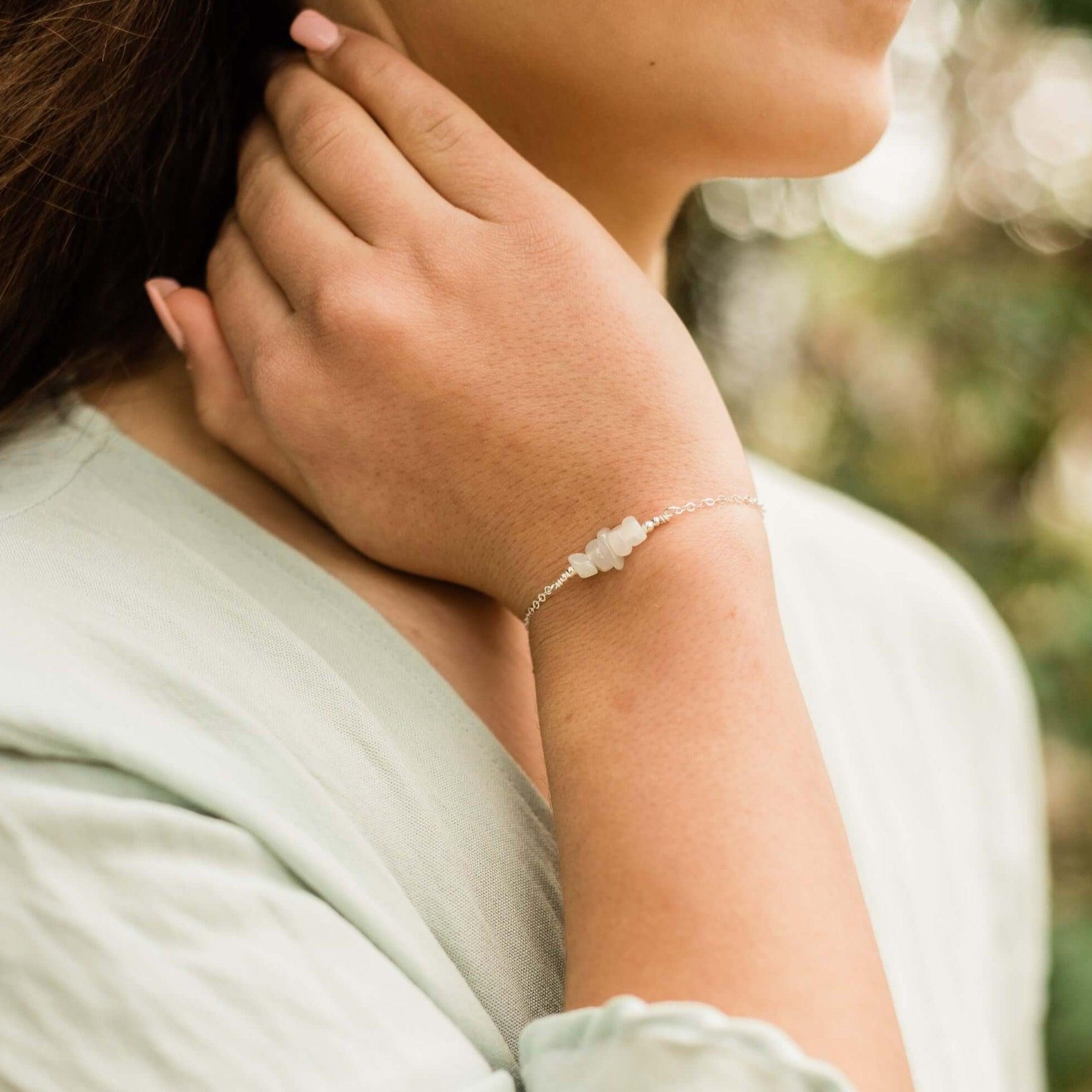 White Moonstone Chip Bead Bar Bracelet | Natural Gemstone Jewelry for Women | Perfect for Yoga, Meditation & Boho Fashion