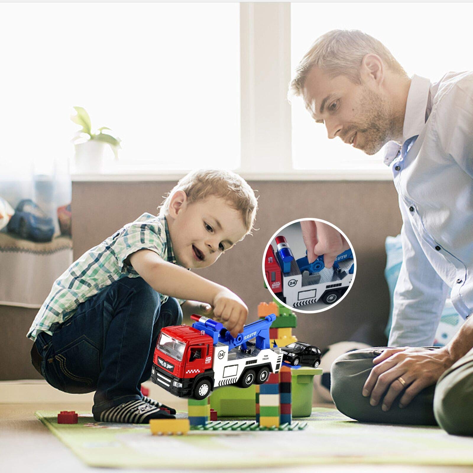 Metal Diecast Toy Tow Truck with Pull Back Action, Lights & Sounds - Miniature Car for Boys (Includes 5 Traffic Signs) - Perfect for Pretend Play, Collecting & Kids' Car Games