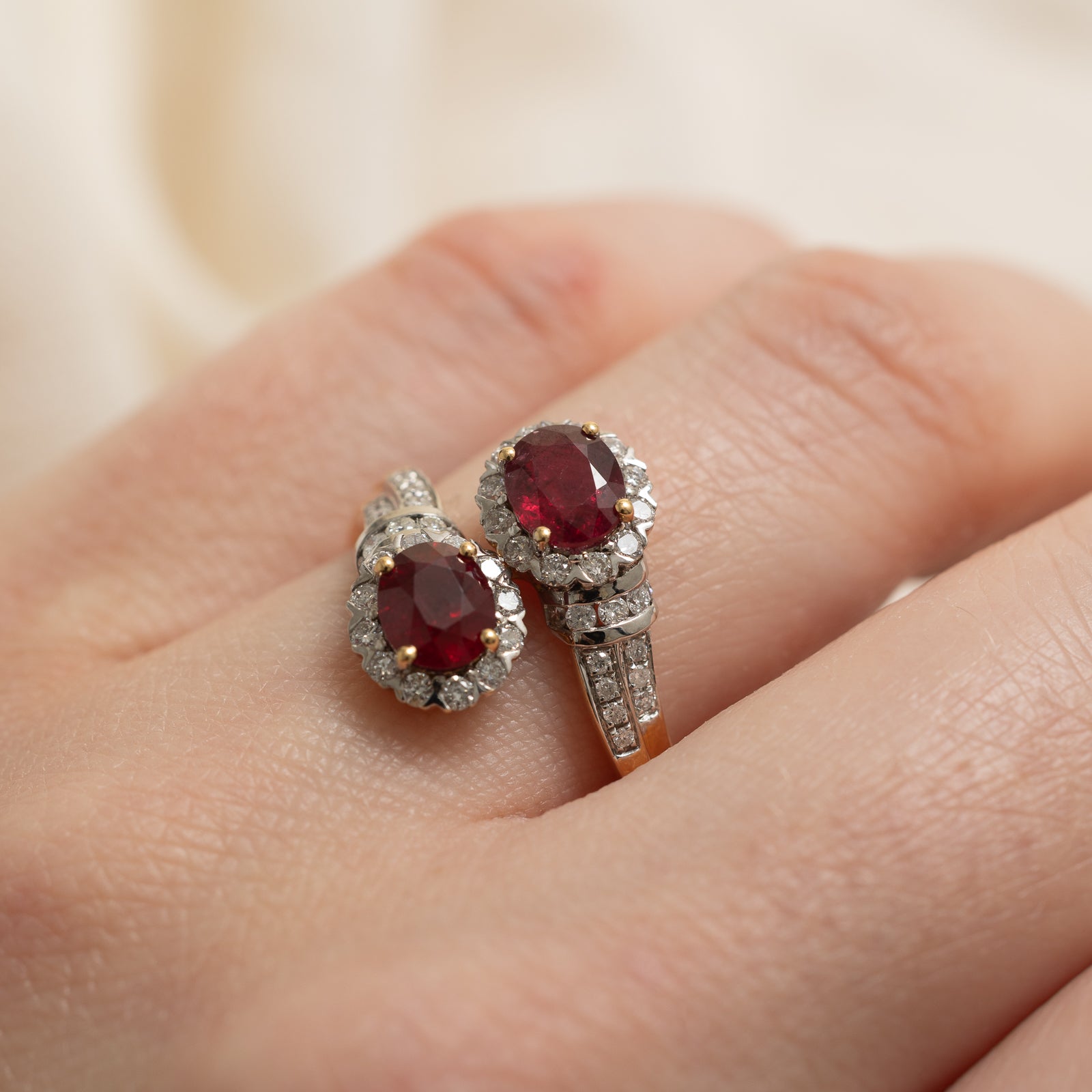 18K Gold Toi et Moi Vivid Red Ruby & Diamond Bypass Ring | 1.80ctw Ruby & 0.66ctw Diamond | Size 6.5 | Elegant Promise Ring, Anniversary Gift, Valentine's Day Jewelry for Her