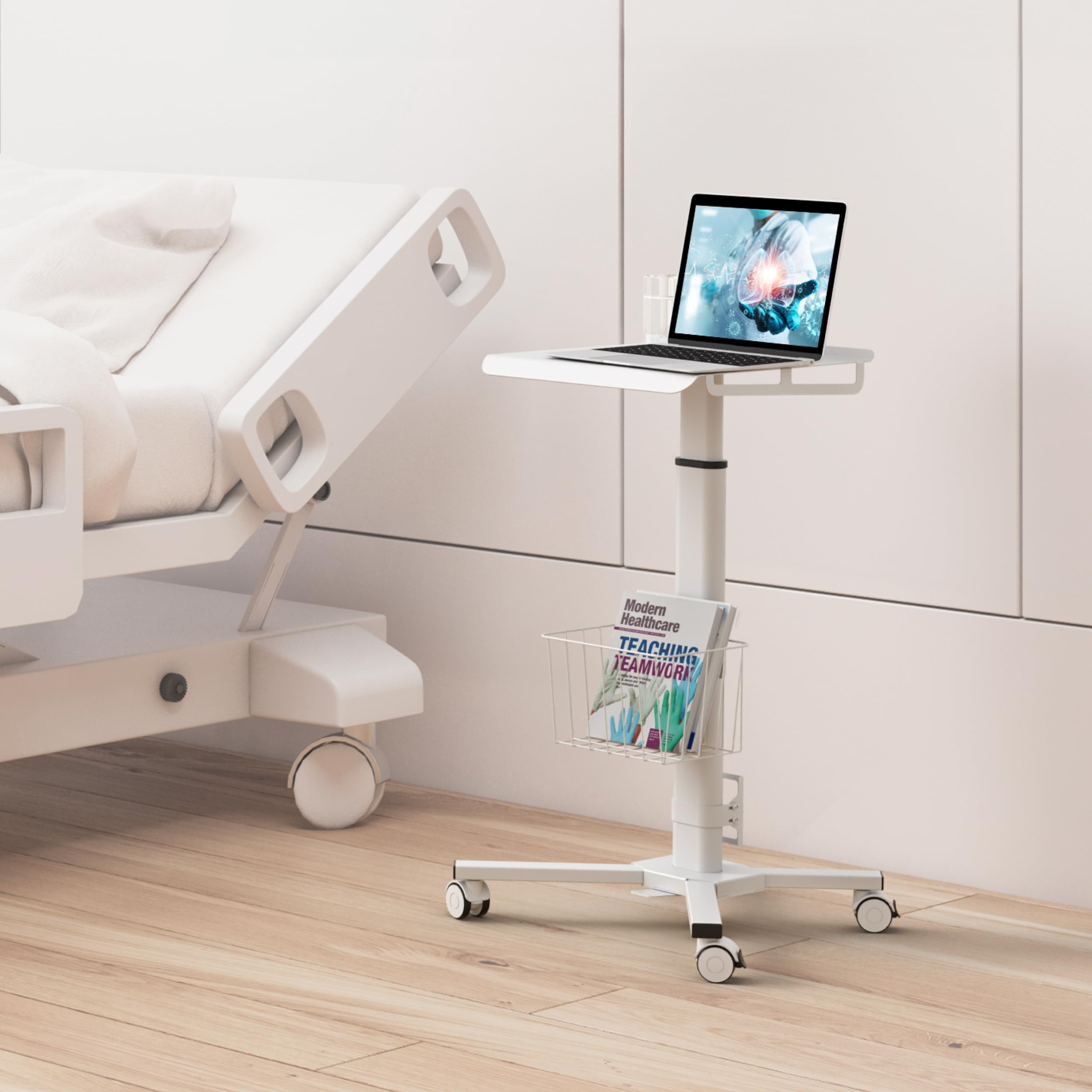 ONKRON Adjustable Mobile Laptop Cart with Wheels - 17.6 lbs Capacity Rolling Workstation, Portable Laptop Stand with Storage | Ideal for Office, Classroom, Hospital & Home Use (White)