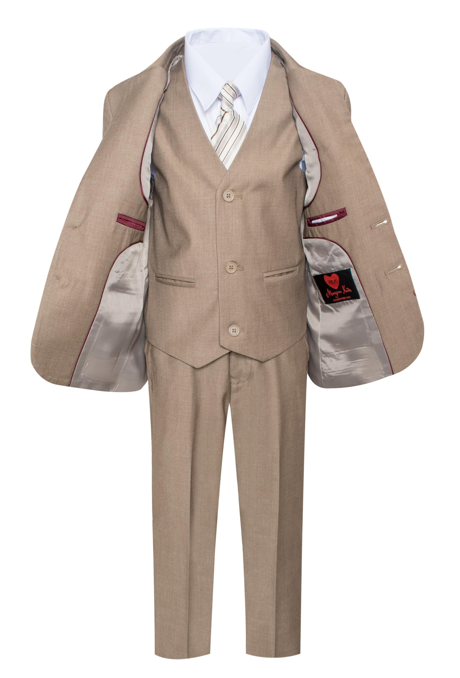 7-Piece Boys Slim Fit Formal Tan Khaki Suit Set with Vest, Pants, Dress Shirt & Tie - Sizes 1-18 | Perfect for Weddings, School Photos & Special Occasions