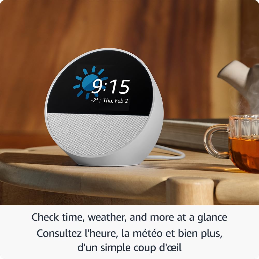 Amazon Echo Spot (Latest Model) - Smart Alarm Clock with Alexa, Glacier White | Perfect for Nightstands, Offices & Kitchens | Voice Control, Weather Updates, Music Streaming & More
