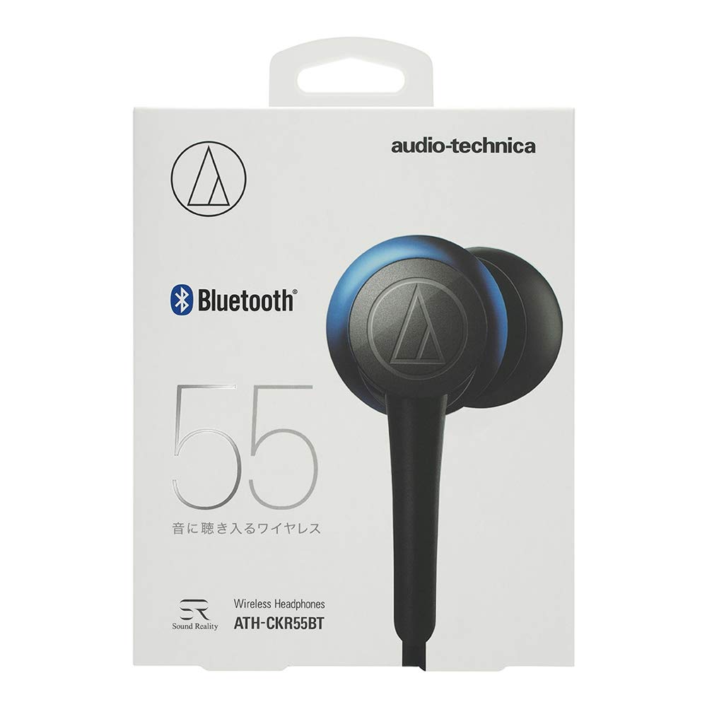 Audio-Technica ATH-CKR55BTBL Wireless Bluetooth Earbuds with Mic - Hi-Res Sound, In-Line Controls, Secure Fit - Perfect for Gym, Commuting & Travel (Blue)
