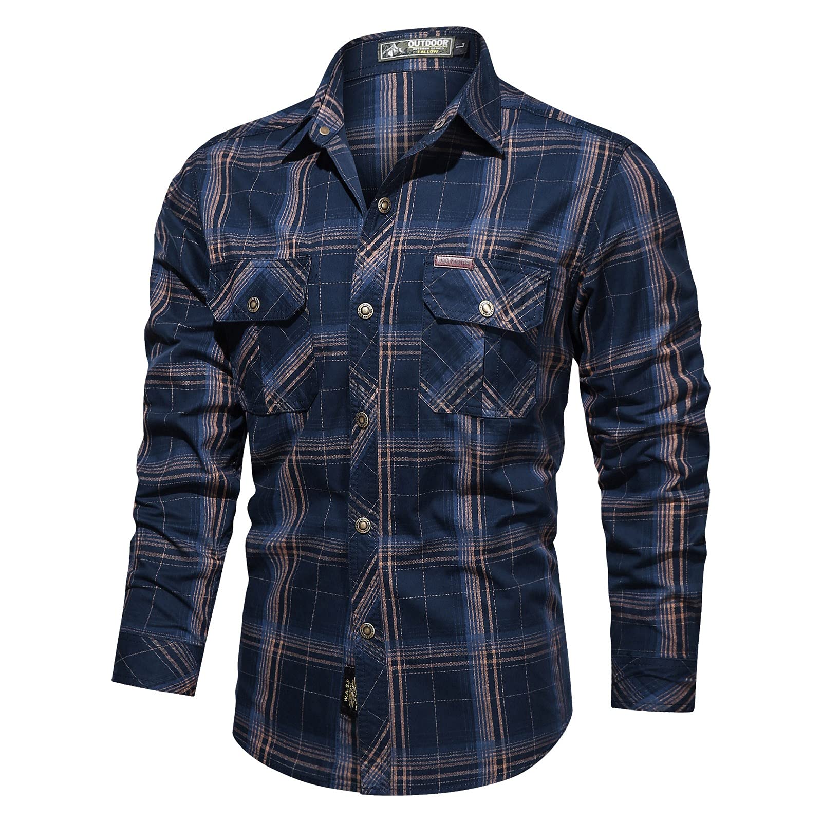 Men's Military Tactical Shirt - Cotton Long Sleeve Plaid Work Shirt with Western Snaps & Pockets | Cowboy Style Button Down Top for Outdoor, Hiking & Casual Wear