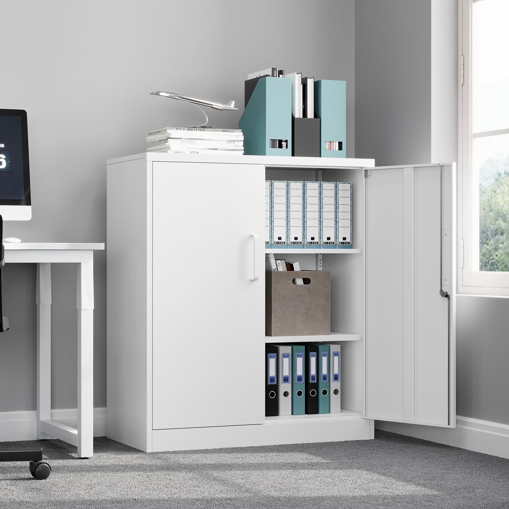 Lockable Metal Storage Cabinet - Steel Office File Cabinet with Doors & 2 Adjustable Shelves | Large Capacity Storage for Home Office, Garage & Workshop Organization | Secure Document & Tool Storage Solution
