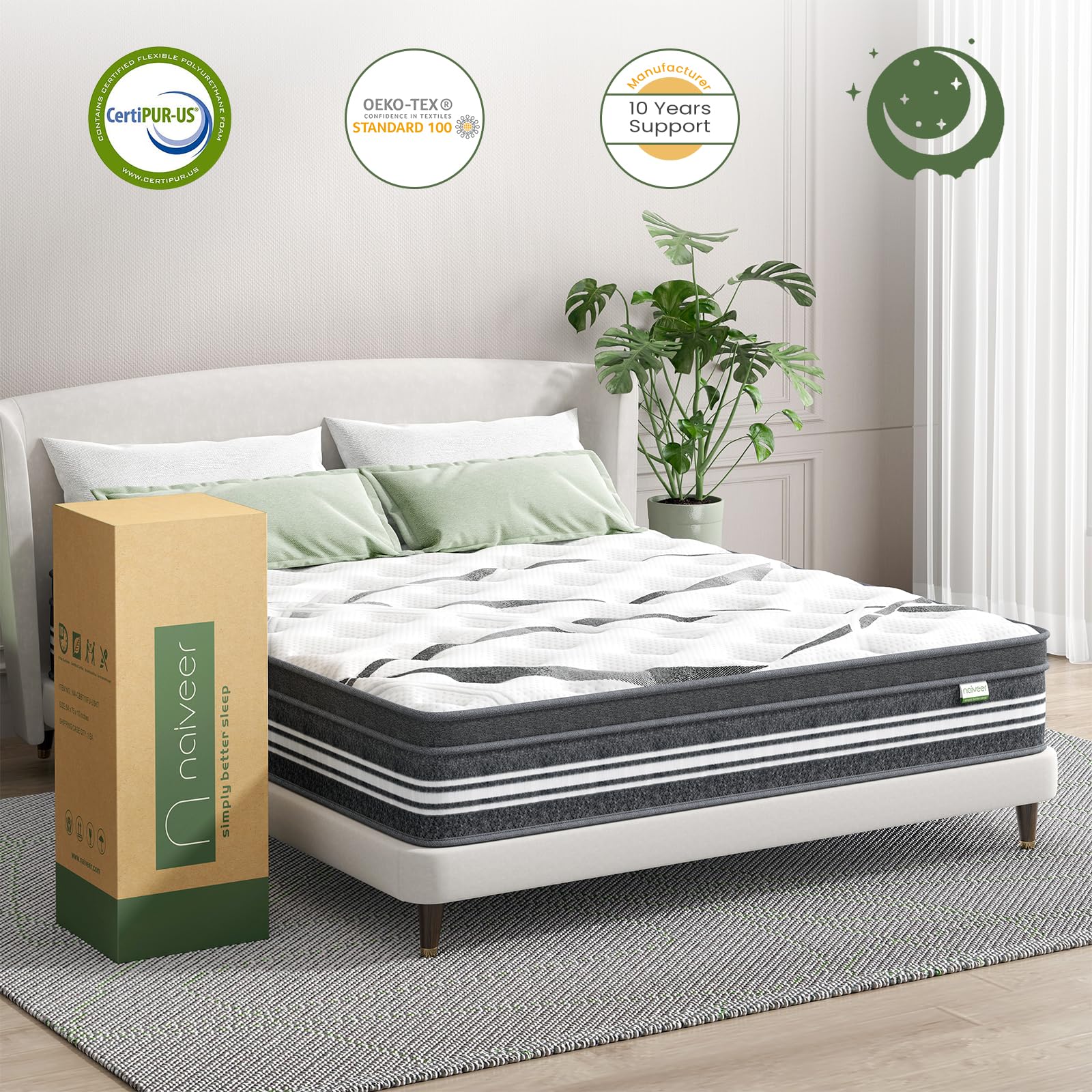 Naiveer 10 Inch Queen Hybrid Mattress - Memory Foam & Innerspring, Medium Firm Support for Back Pain Relief, CertiPUR-US Certified, Bed in a Box - Perfect for Guest Rooms, Master Bedrooms & Pressure Point Relief