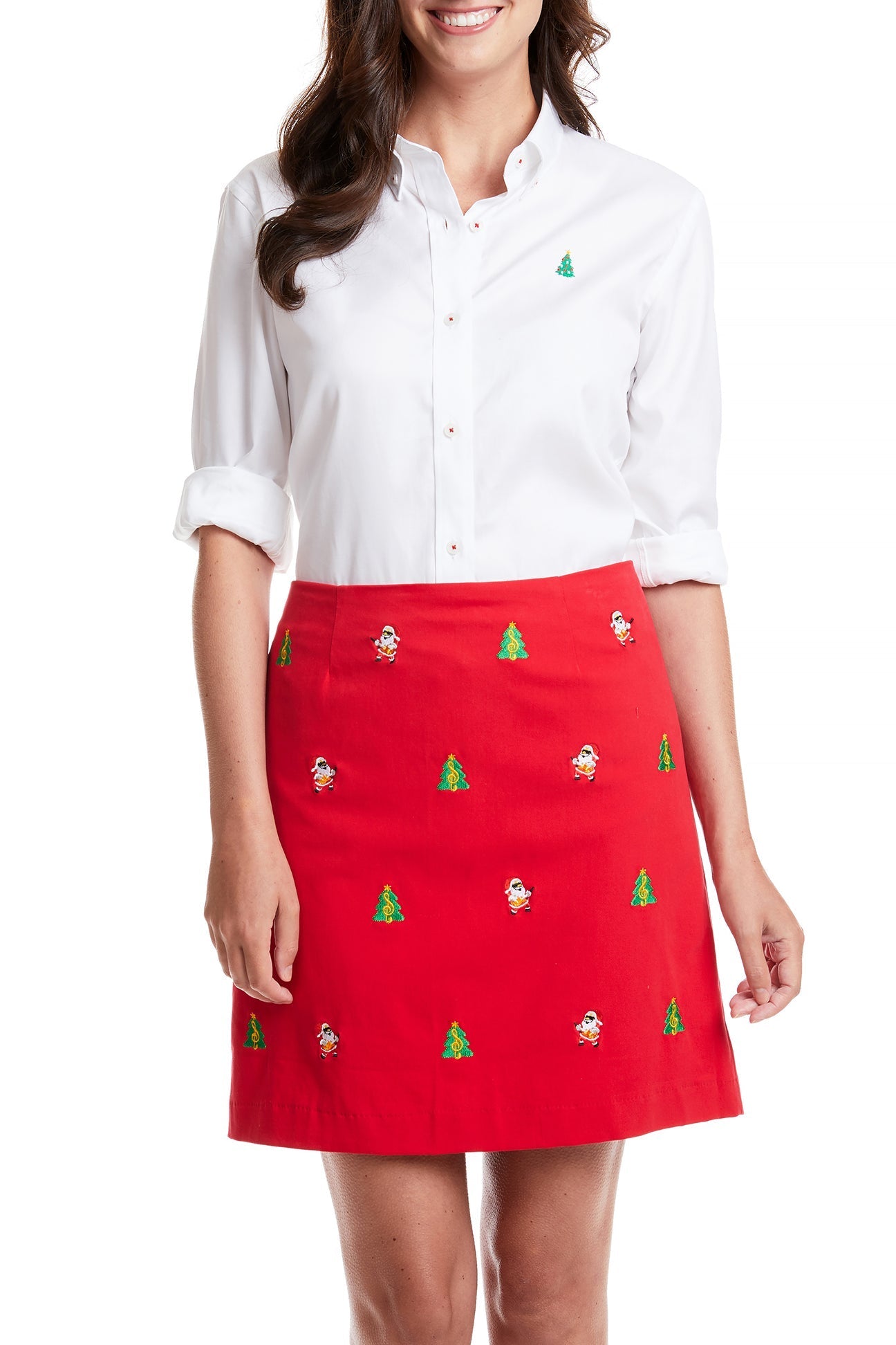 Women's Oxford Button Down Shirt - Classic White Casual Blouse with Christmas Tree Print | Perfect for Office Wear, Holiday Parties & Gift Giving