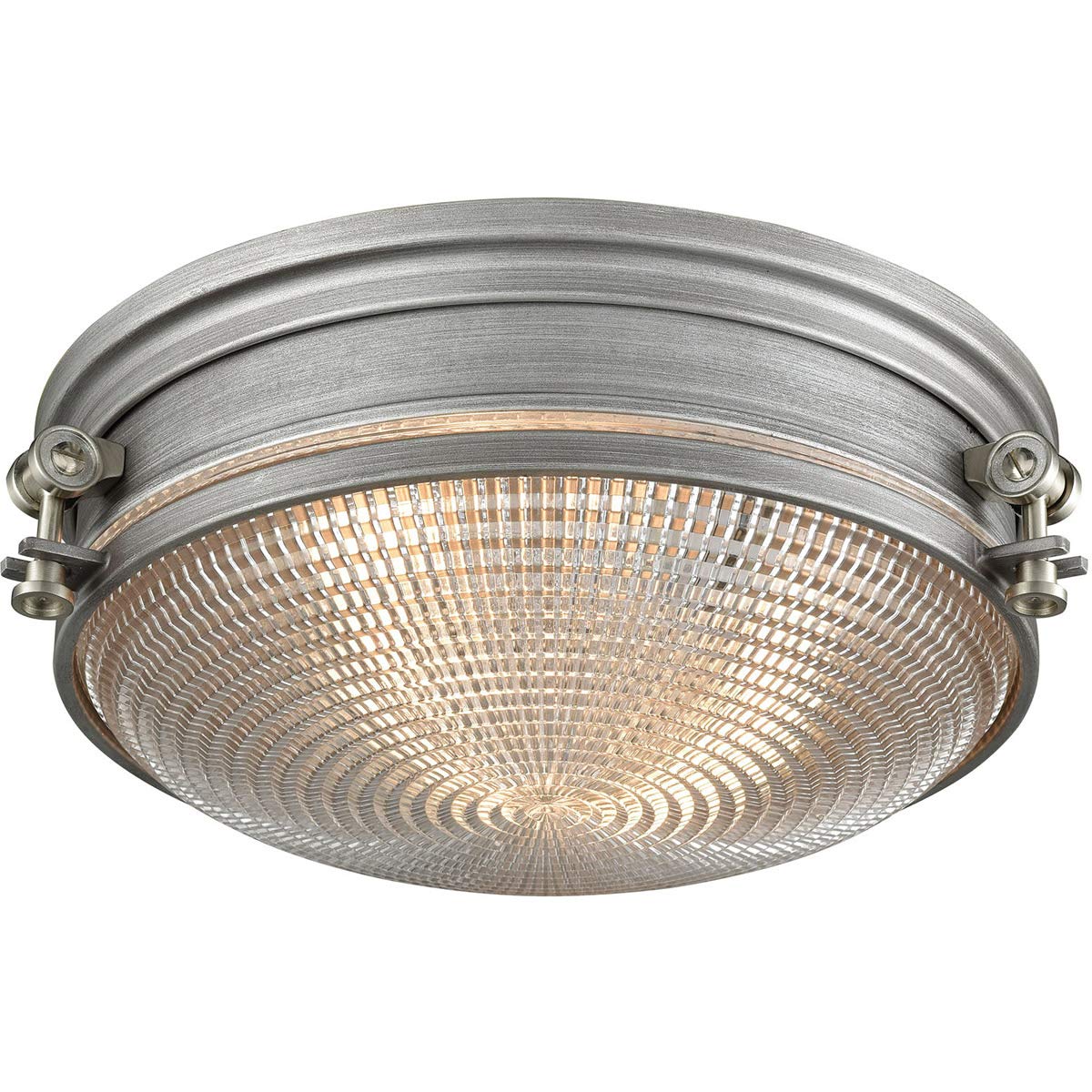 2-Light Flush Mount Ceiling Fixture - Weathered Zinc & Satin Nickel Finish - Metal/Glass Design - Medium Base Bulb - 14