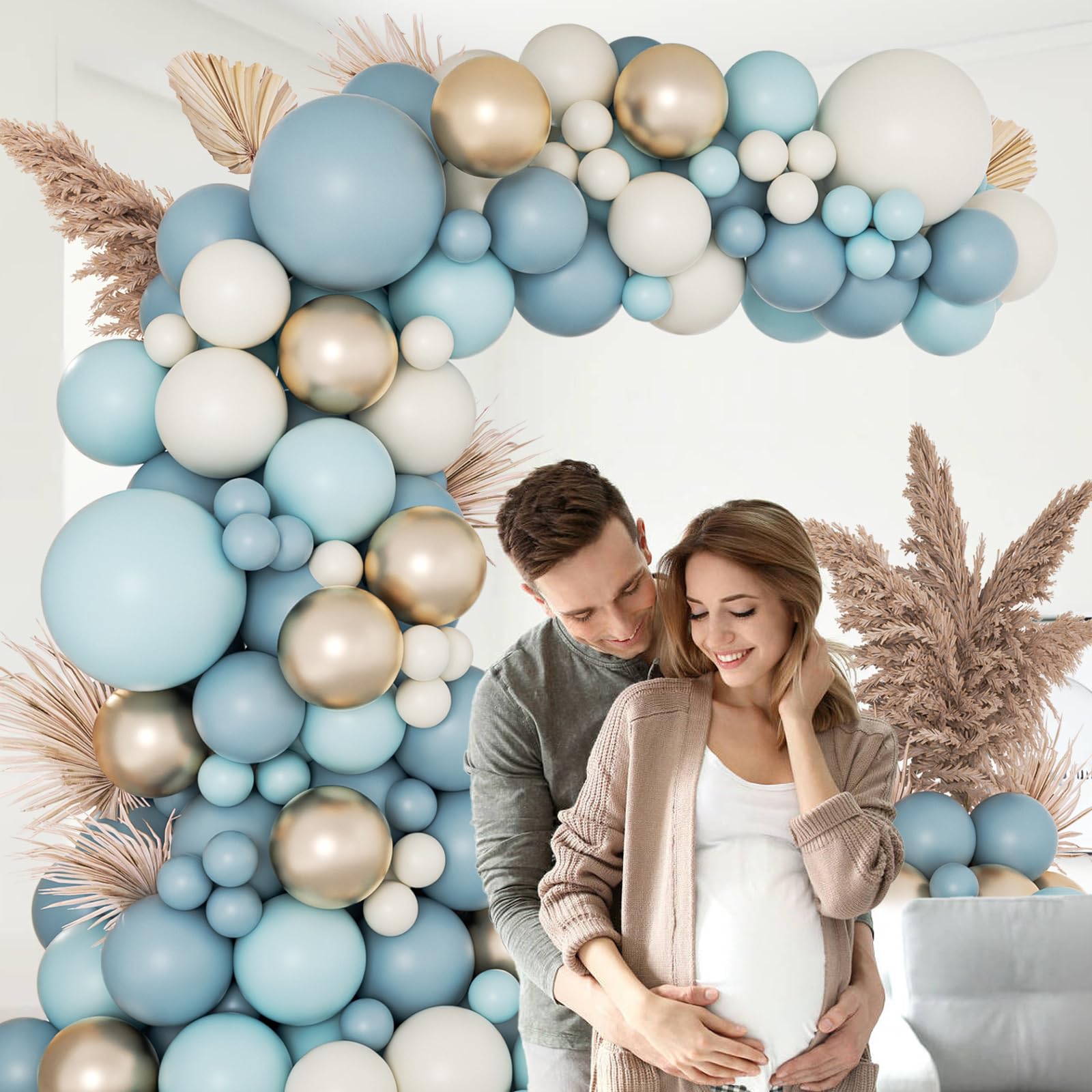 138Pcs Dusty Blue Balloons Arch Garland Kit - Baby Blue, Sand White & Metallic Gold Balloons for Bridal Shower, Gender Reveal, Birthday & Baby Shower Decorations - Perfect for Party Backdrops, Photo Booths & Wedding Centerpieces