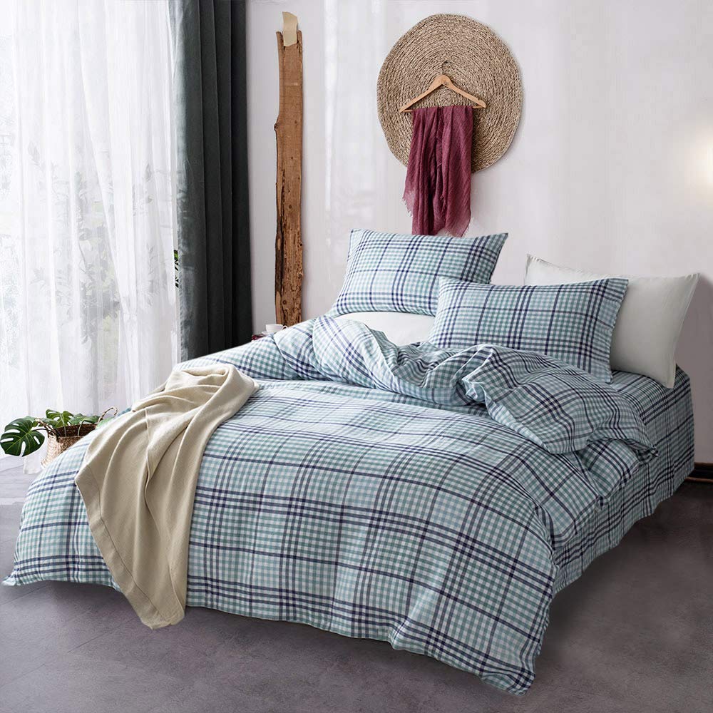 Premium 100% French Linen Duvet Cover Set - 3 Piece Bedding (Duvet Cover + 2 Pillow Shams) - Full/Queen Size - Blue & Green Checkered Pattern - Breathable & Soft for All Seasons - Perfect for Master Bedroom, Guest Room & Vacation Homes