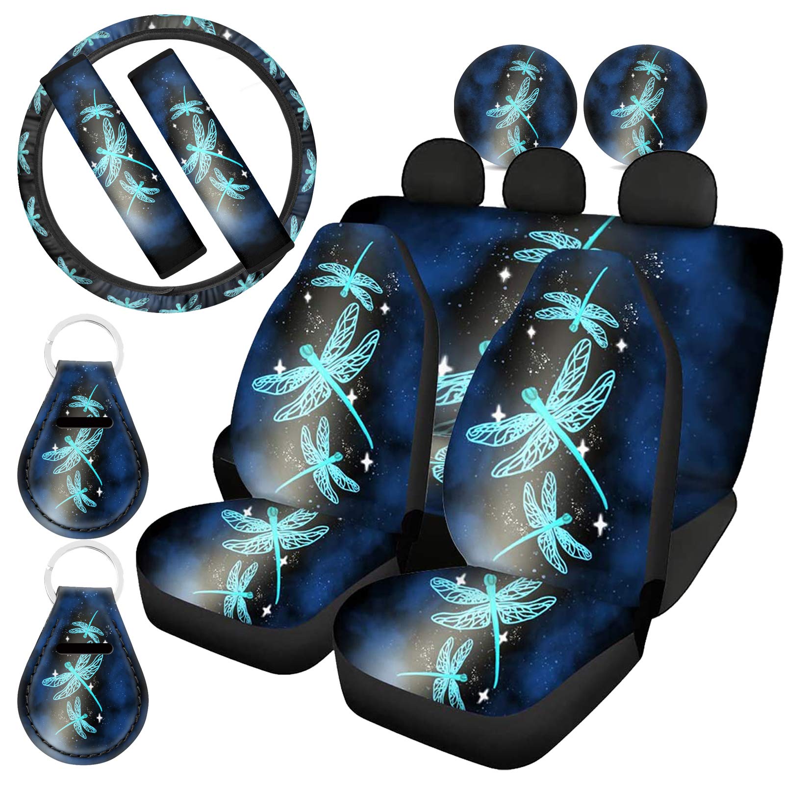 UZZUHI 11-Piece Car Accessories Set - Front & Rear Seat Covers, Steering Wheel Wrap, Seatbelt Pads, Cup Holder Coasters & Keychains - Aqua Dragonfly Starry Sky Design for Comfort & Style | Perfect for Daily Commute, Road Trips & Car Interior Decoration