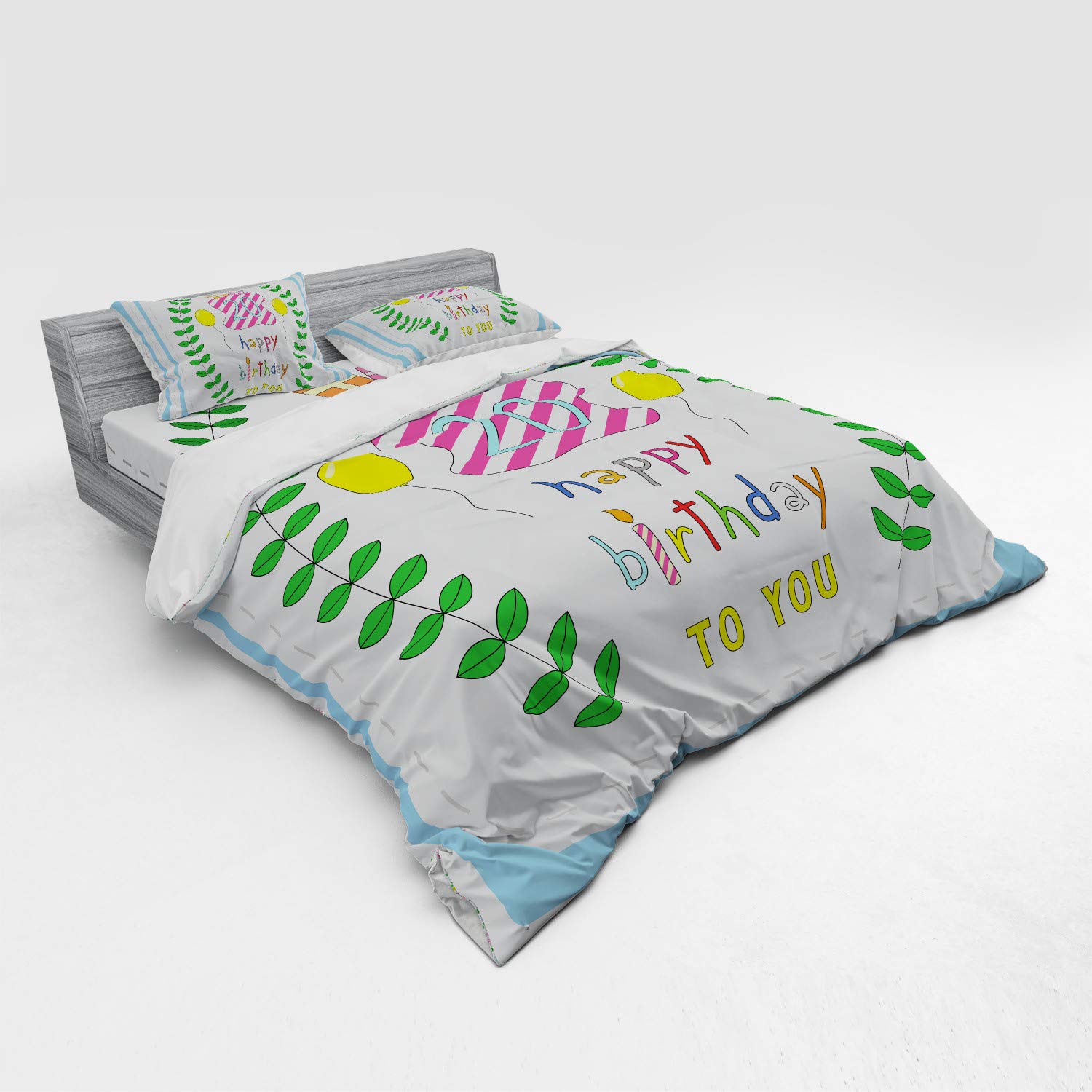 Ambesonne 20th Birthday Bedding Set - 4 Piece Duvet Cover with Shams & Fitted Sheet, King Size, Green Blue Pink Balloon Party Theme - Perfect for Surprise Parties & Teen Room Decor