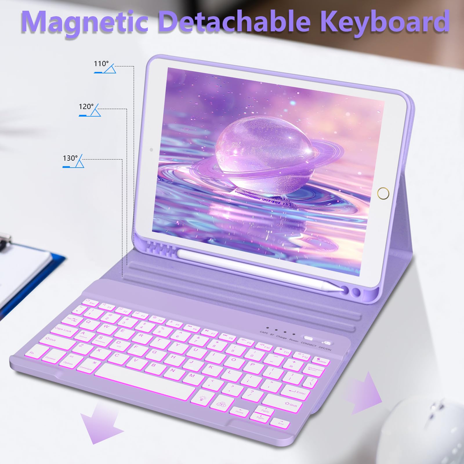 FUWANG Detachable Backlit Keyboard Case for iPad 9th/8th/7th Gen 10.2 inch, iPad Pro 10.5 & iPad Air 3rd Gen - 7 Color LED Backlight with Stand & Apple Pencil Holder | Perfect for Work, Study & Travel