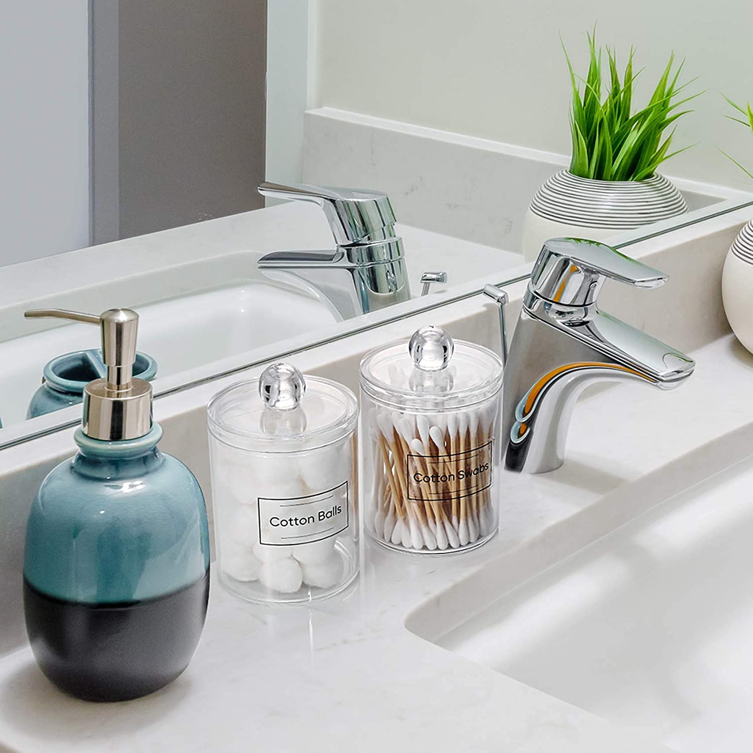 AOZITA 4-Pack Clear Plastic Apothecary Jars - 10 oz Cotton Ball Holder & Makeup Organizer for Bathroom Vanity, Cotton Pads, Swabs, Round Pads & Dental Floss Storage - Perfect for Home, Salon & Spa Organization