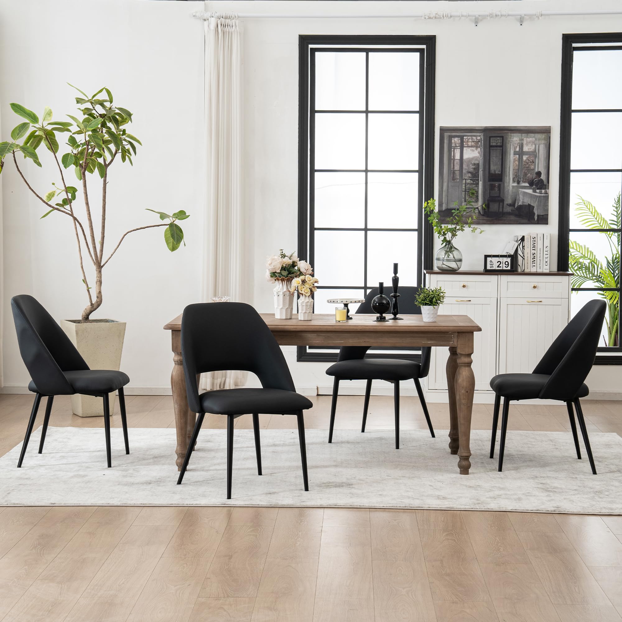 Rowill Mid Century Modern Dining Chairs Set of 2 - Black Faux Leather Upholstered Kitchen Chairs with Metal Legs for Dining Room, Living Room & Bedroom - Perfect for Small Spaces & Modern Home Decor