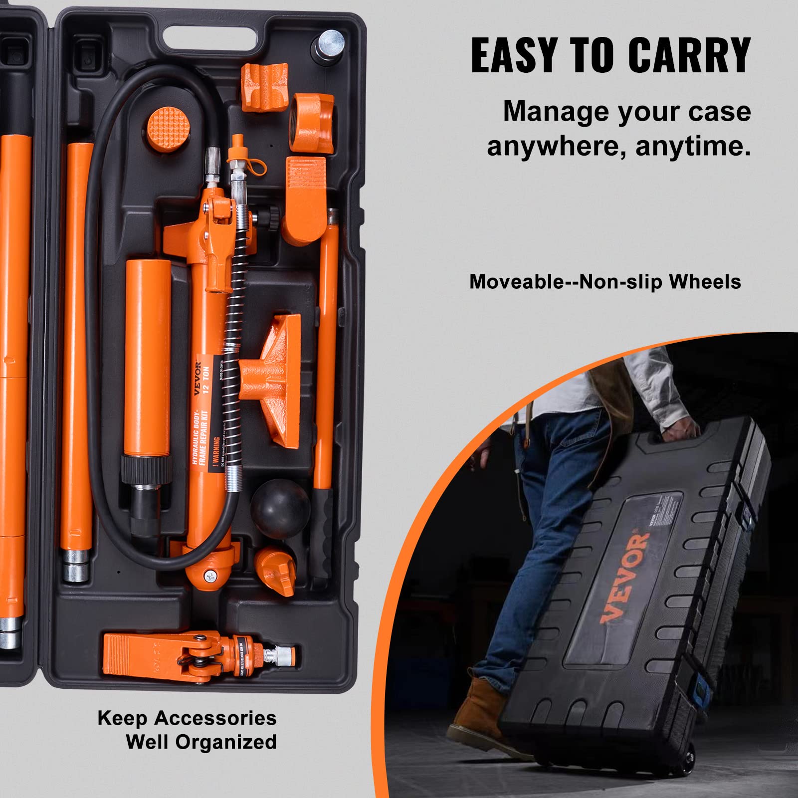 VEVOR 12 Ton Hydraulic Porta Power Kit with Pump, 4.6ft Oil Hose & Storage Case - 26,455 LBS Capacity for Auto Repair, Garage, Farm & Heavy-Duty Mechanics | Professional Car Lift, Tire Change & Equipment Maintenance Tool